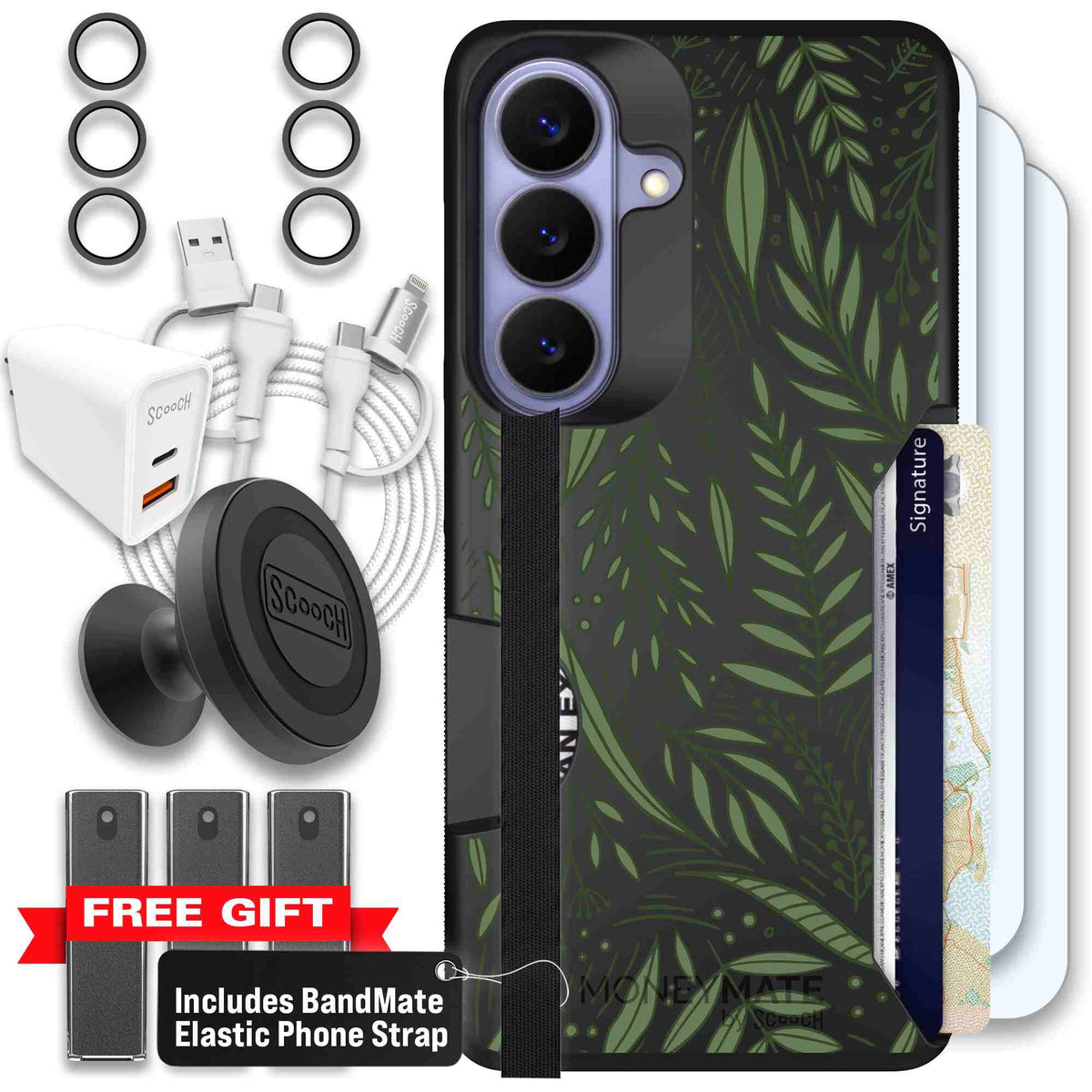 Willow Garden layered green leaves and branches on a charcoal Scooch Moneymate case for Galaxy S26 - Ultimate Bundle