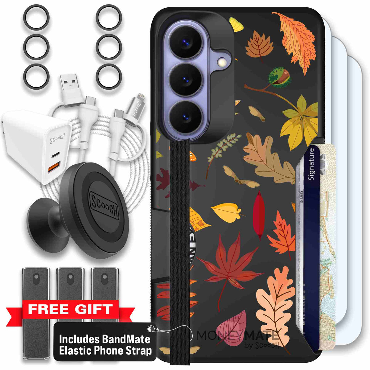 Autumn Leaves multicolored fall foliage pattern on a charcoal Scooch Moneymate case for Galaxy S26 - Ultimate Bundle