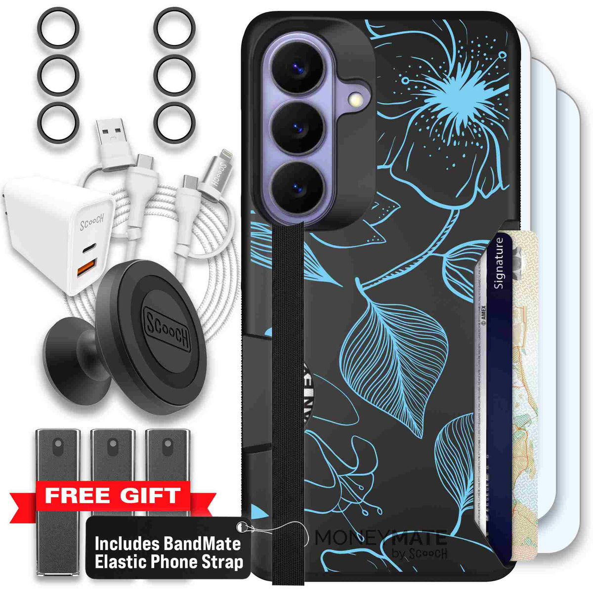 Blue Hibiscus cyan-blue tropical flower pattern on a charcoal Scooch Moneymate case for Galaxy S26 - Ultimate Bundle