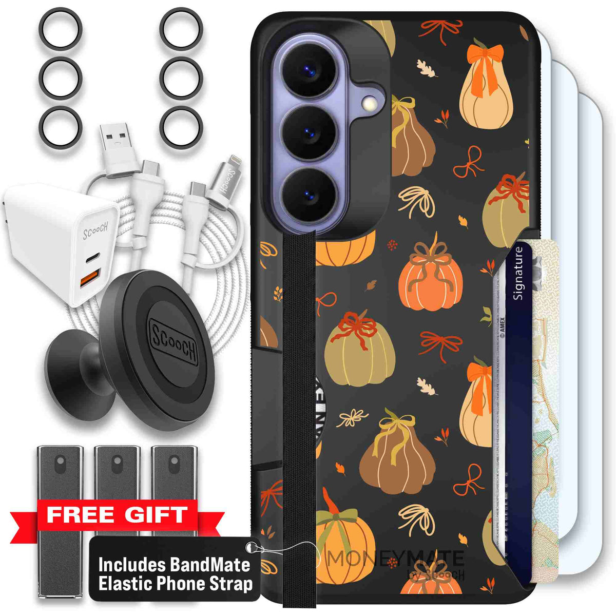 Pretty Pumpkins orange pumpkin and bow pattern on a Scooch Moneymate case for Galaxy S26 - Ultimate Bundle