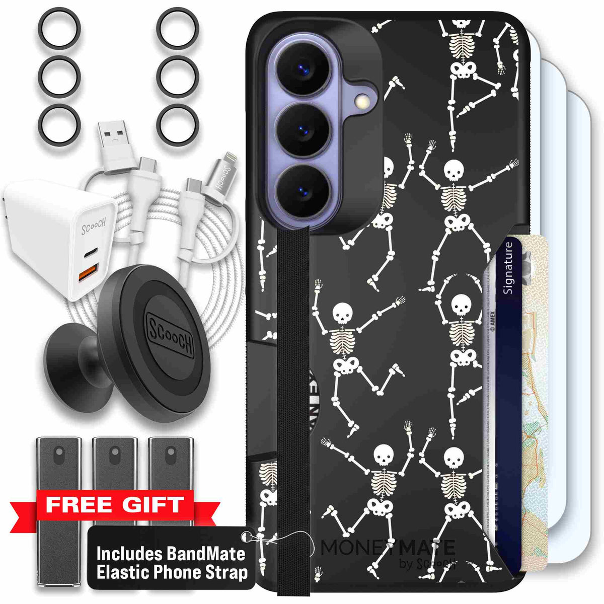 Swinging Skeletons white dancing skeleton pattern on a black Scooch Moneymate case for Galaxy S26 - Ultimate Bundle