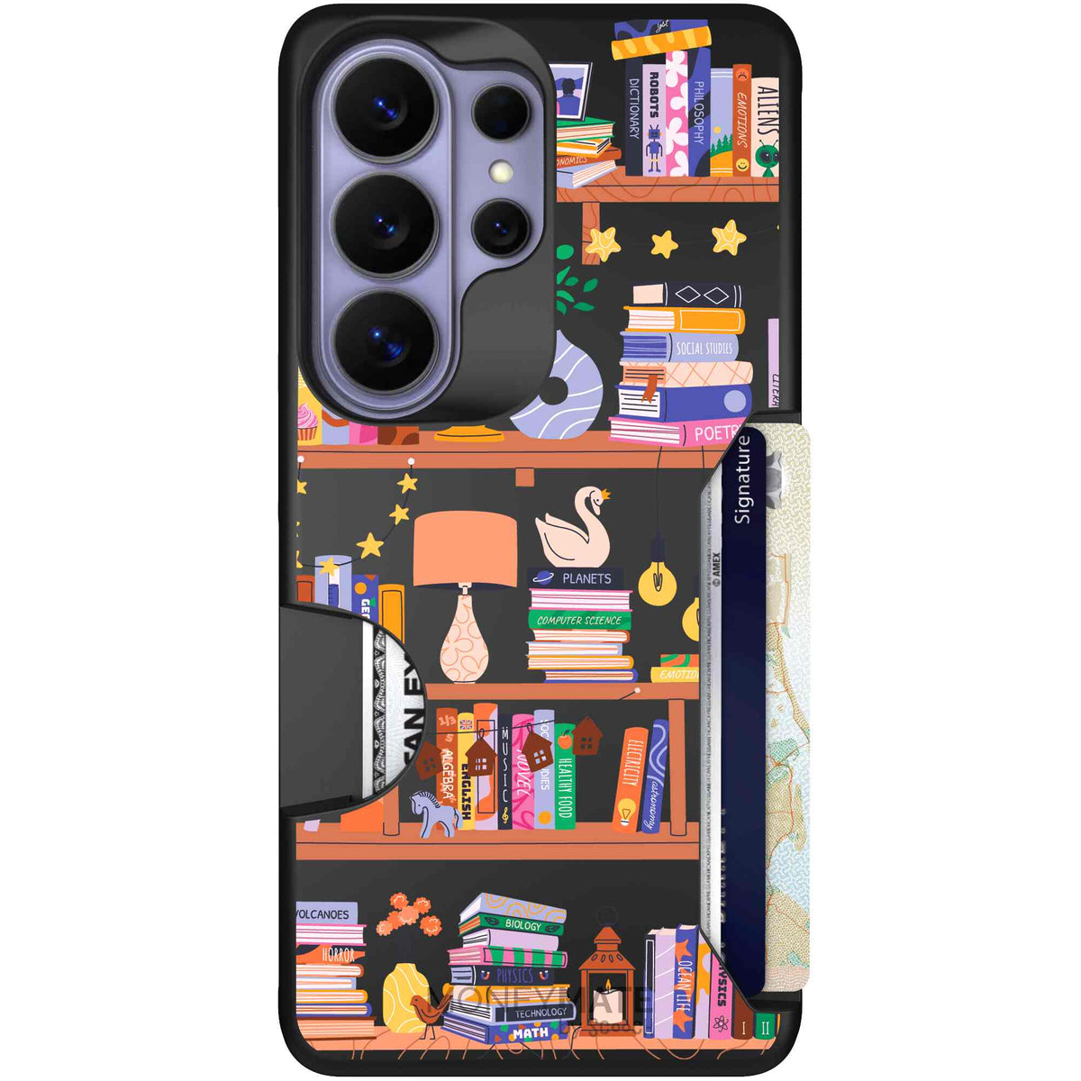 Little Library colorful book and bookshelf pattern on a Scooch Moneymate case for Galaxy S26 Ultra