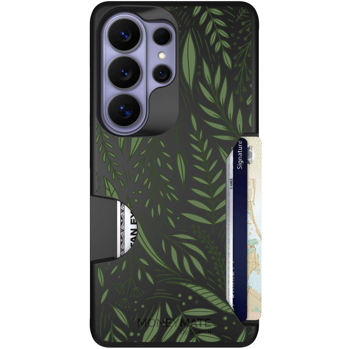 Willow Garden layered green leaves and branches on a charcoal Scooch Moneymate case for Galaxy S26 Ultra