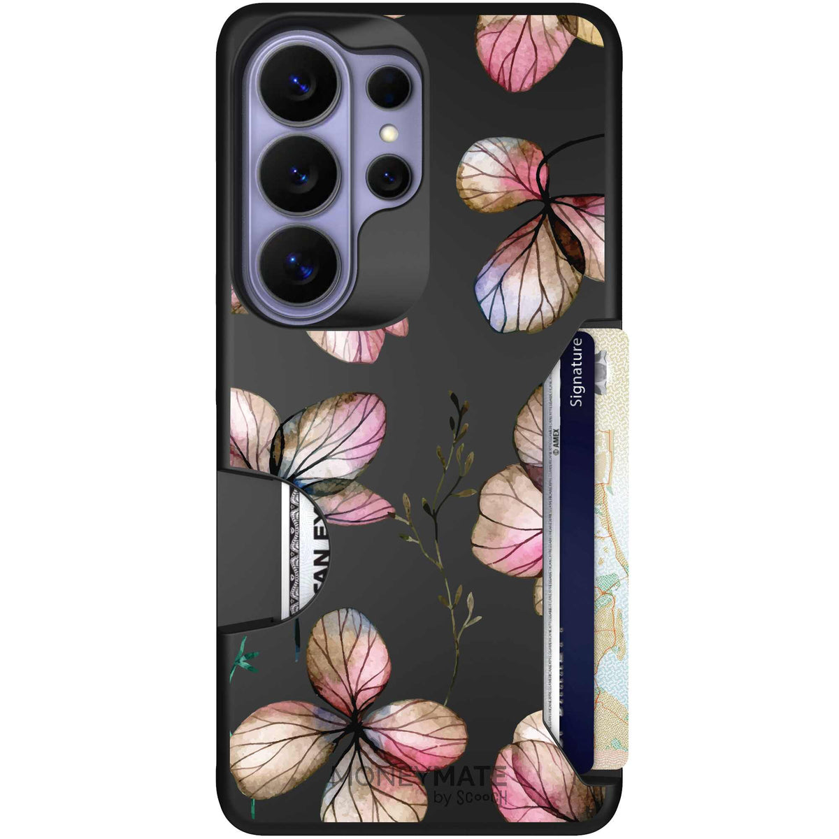 Dried Flowers blush mauve and cream floral pattern on a black Scooch Moneymate case for Galaxy S26 Ultra
