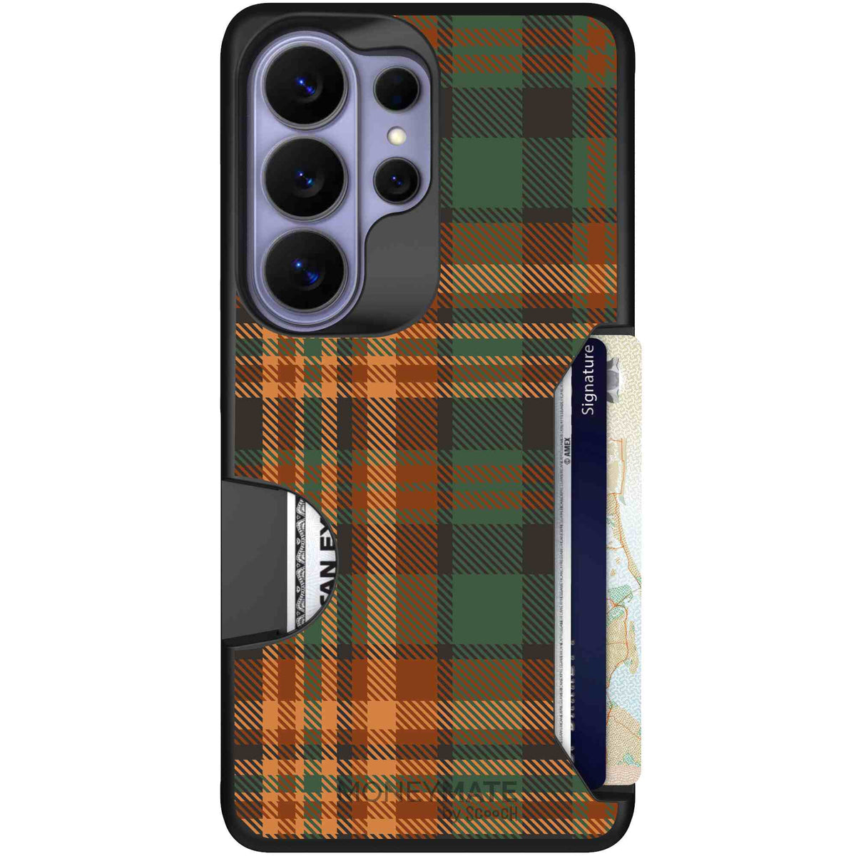 Fall Flannel orange and brown plaid pattern on a Scooch Moneymate case for Galaxy S26 Ultra