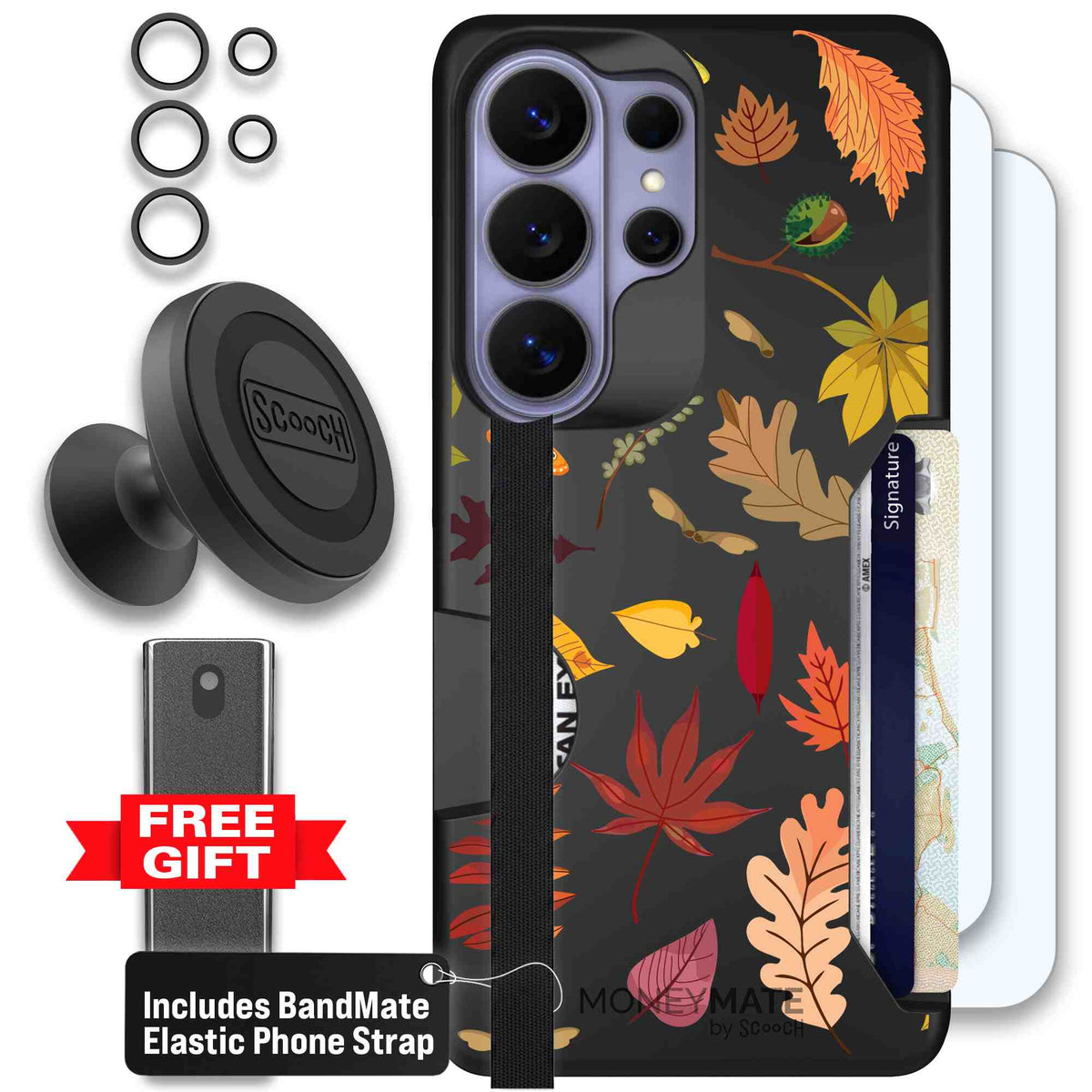 Autumn Leaves multicolored fall foliage pattern on a charcoal Scooch Moneymate case for Galaxy S26 Ultra - Defender Bundle