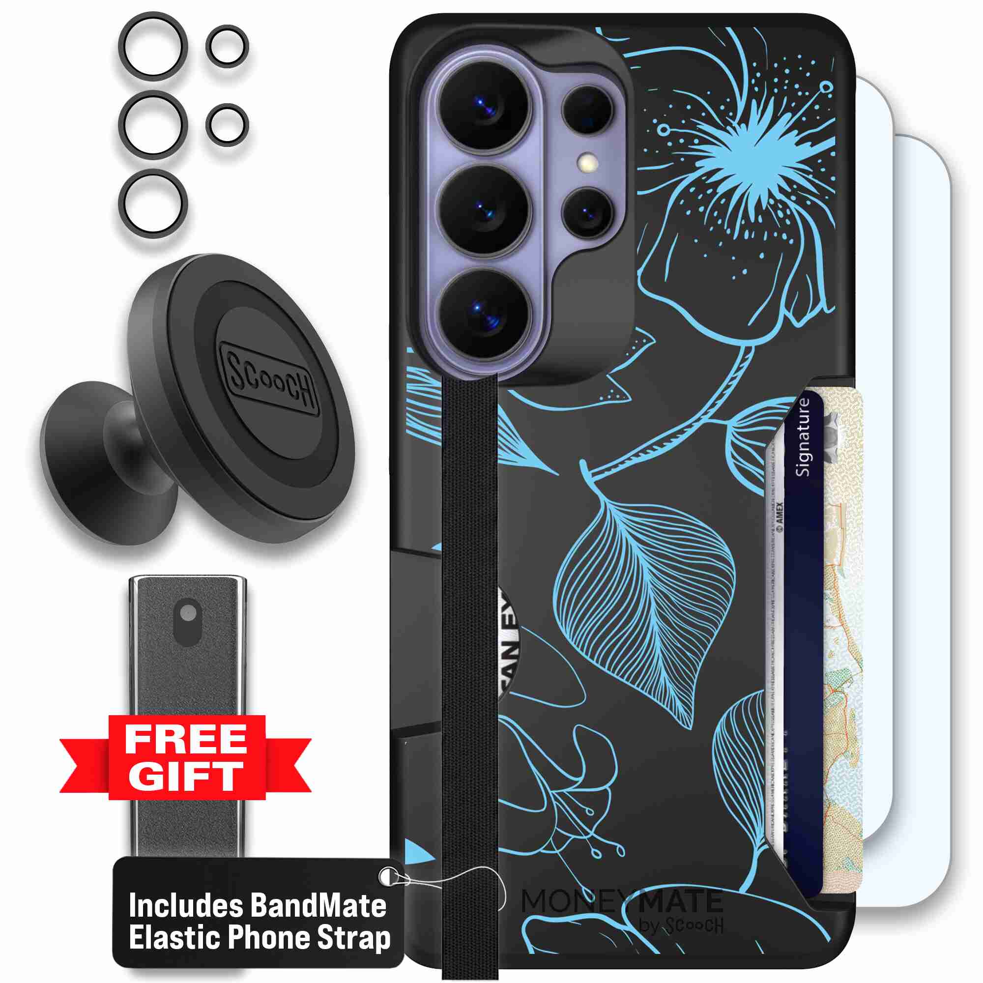 Blue Hibiscus cyan-blue tropical flower pattern on a charcoal Scooch Moneymate case for Galaxy S26 Ultra - Defender Bundle