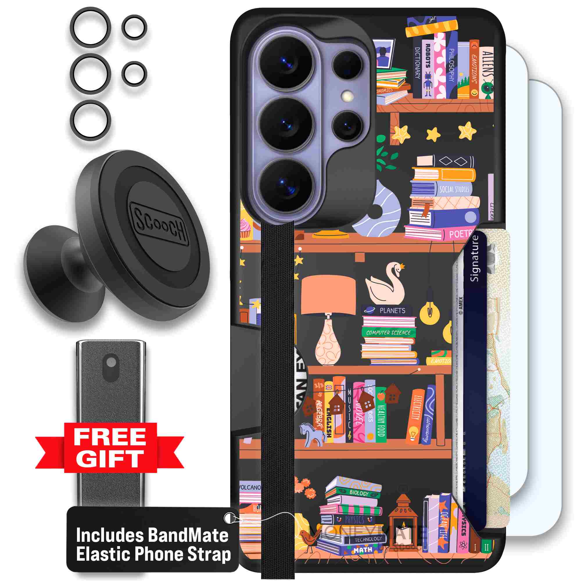 Little Library colorful book and bookshelf pattern on a Scooch Moneymate case for Galaxy S26 Ultra - Defender Bundle