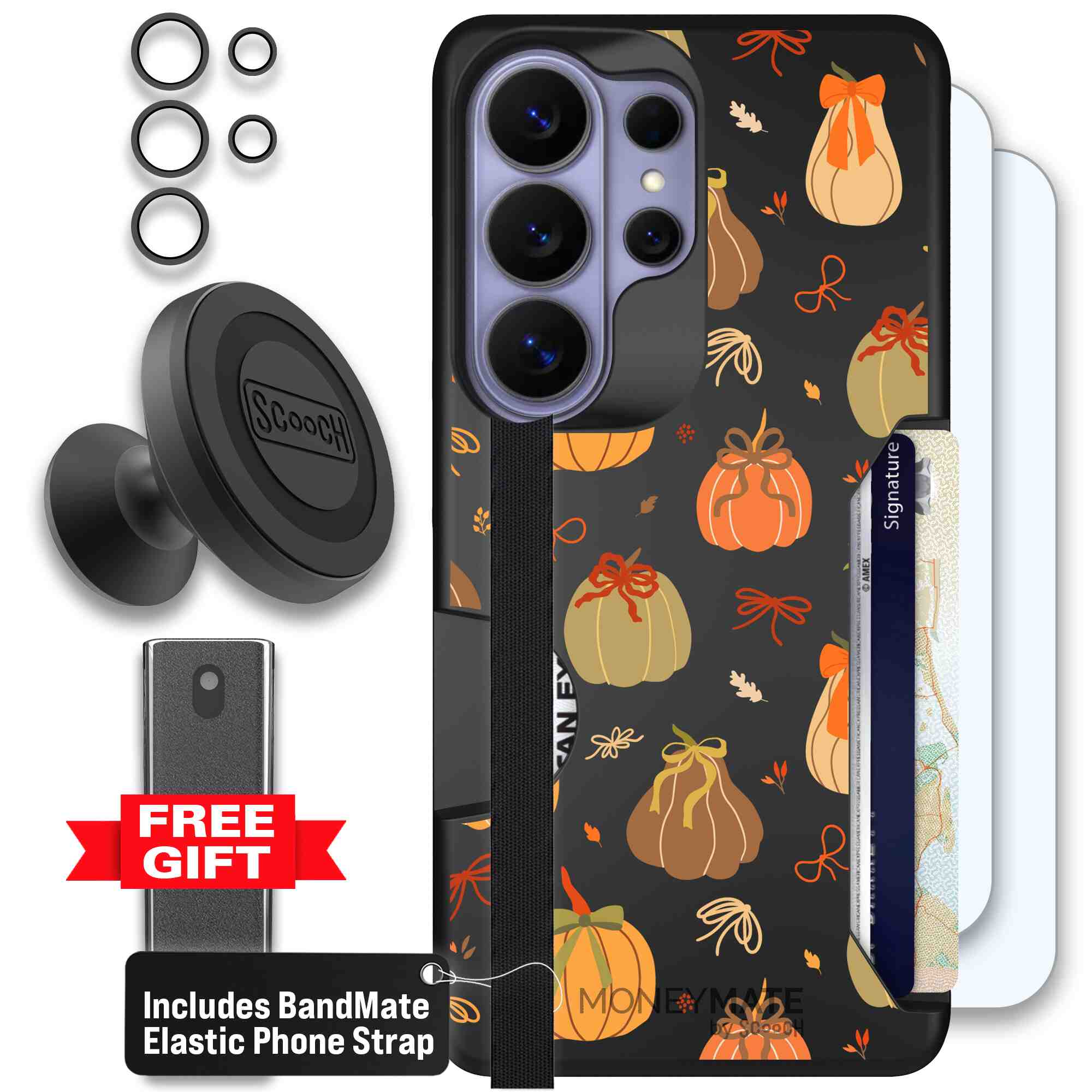 Pretty Pumpkins orange pumpkin and bow pattern on a Scooch Moneymate case for Galaxy S26 Ultra - Defender Bundle