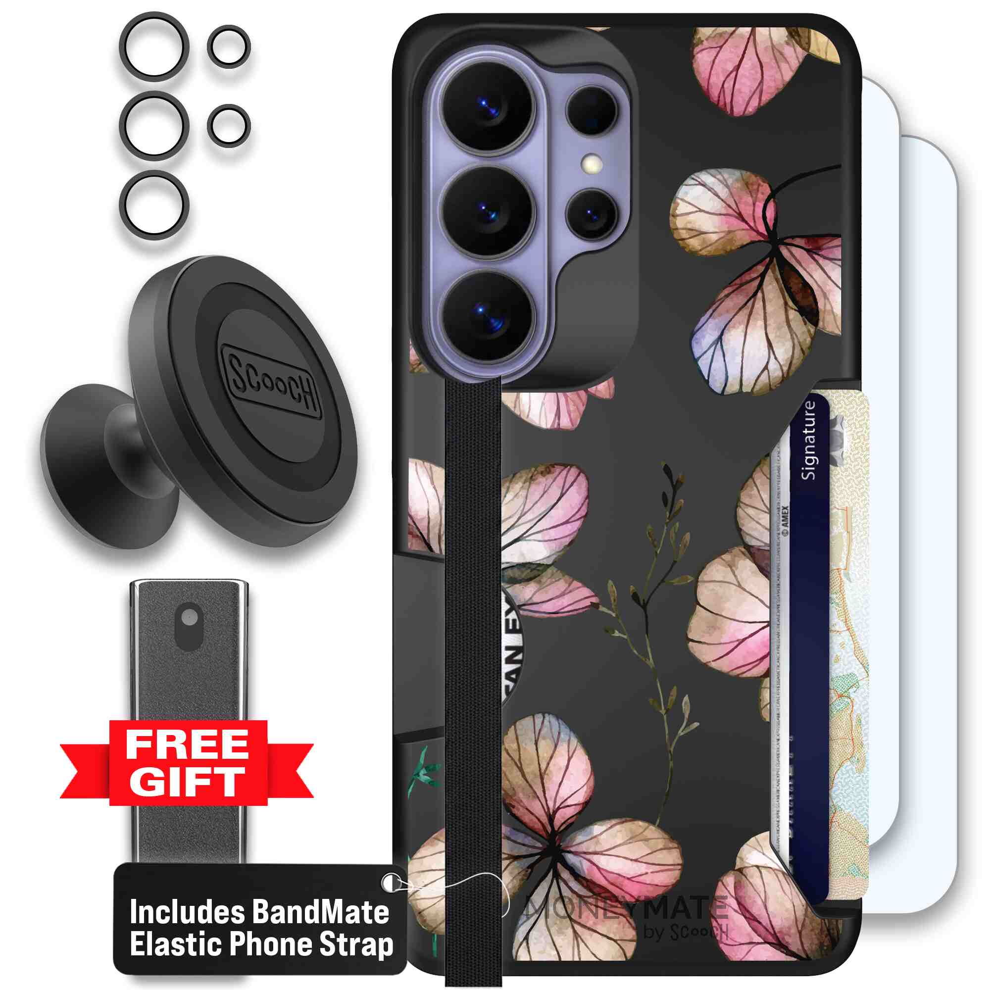 Dried Flowers blush mauve and cream floral pattern on a black Scooch Moneymate case for Galaxy S26 Ultra - Defender Bundle