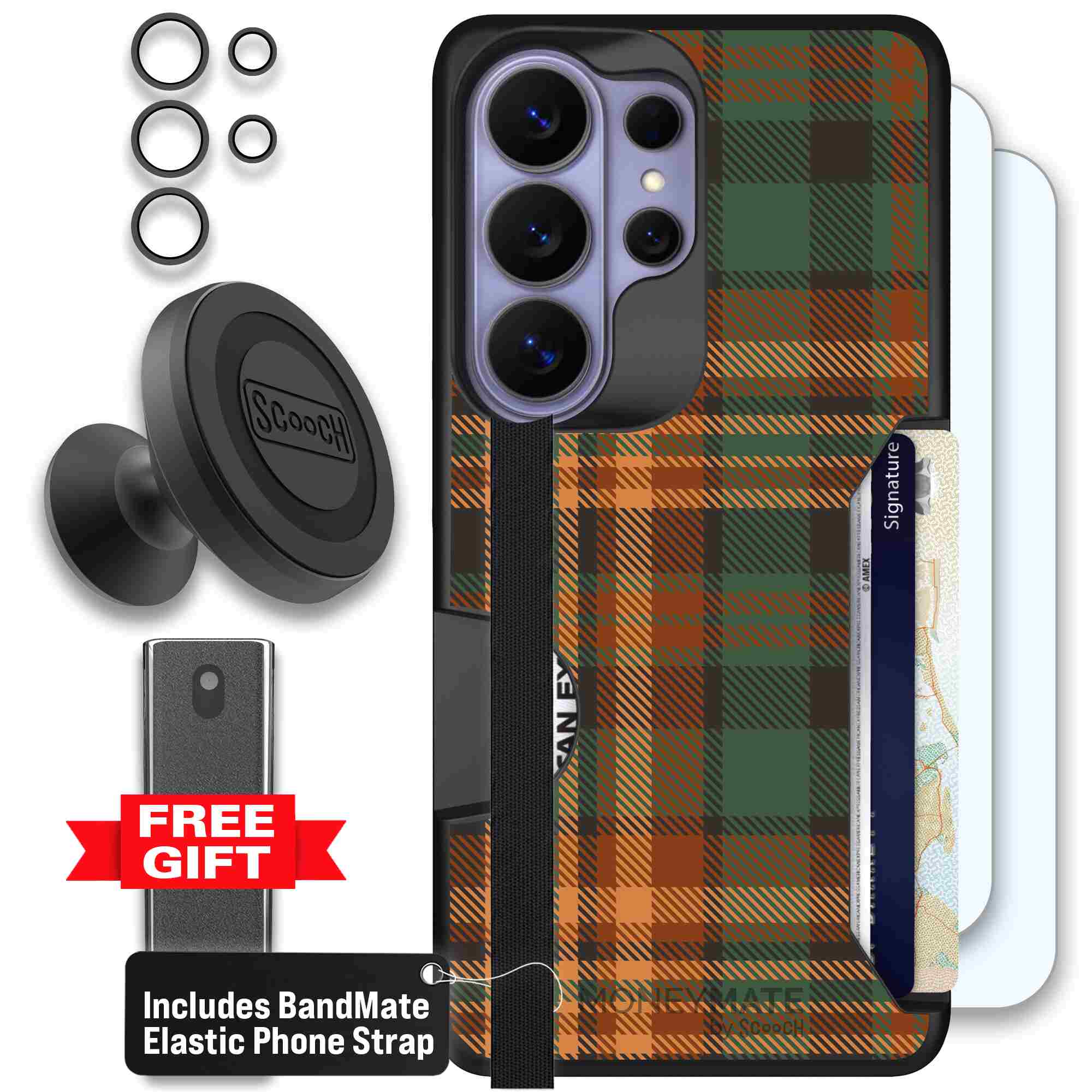 Fall Flannel orange and brown plaid pattern on a Scooch Moneymate case for Galaxy S26 Ultra - Defender Bundle