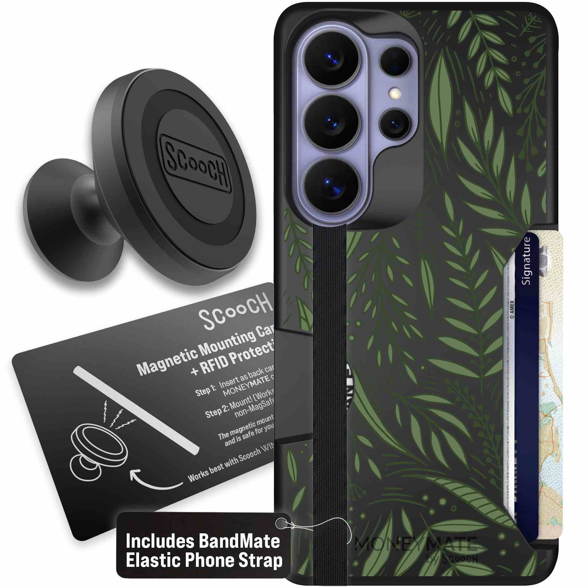 Willow Garden layered green leaves and branches on a charcoal Scooch Moneymate case for Galaxy S26 Ultra - Starter Bundle