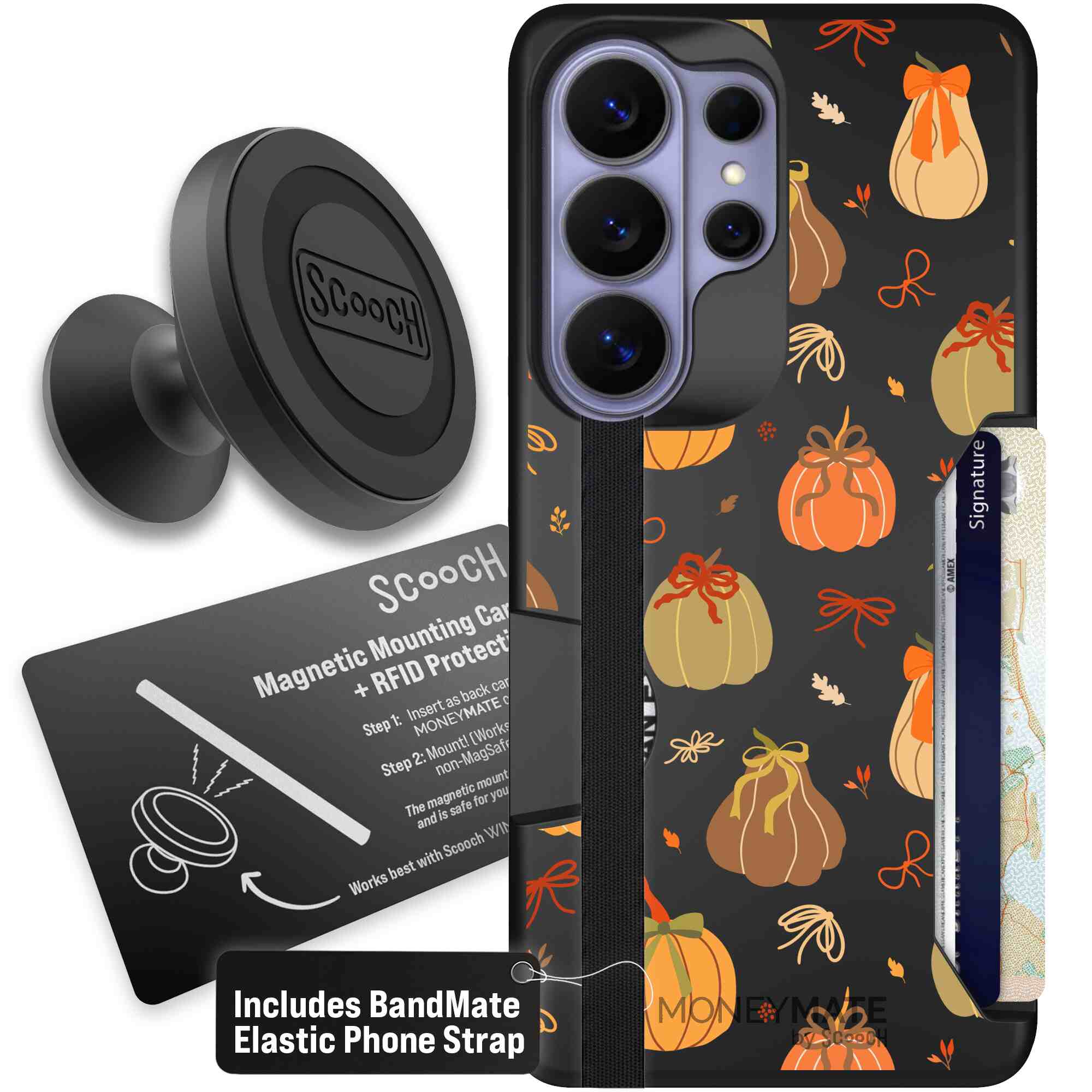 Pretty Pumpkins orange pumpkin and bow pattern on a Scooch Moneymate case for Galaxy S26 Ultra - Starter Bundle