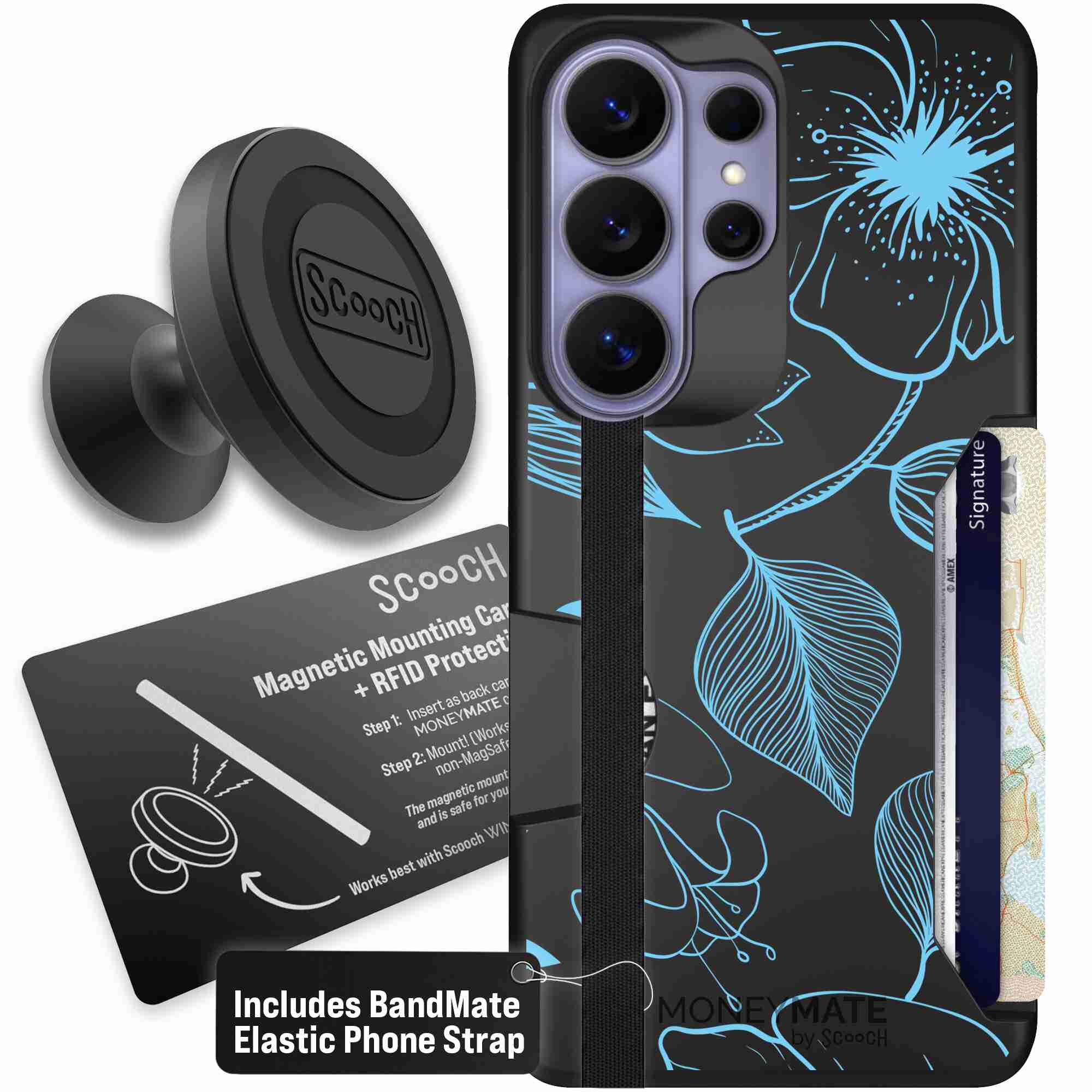 Blue Hibiscus cyan-blue tropical flower pattern on a charcoal Scooch Moneymate case for Galaxy S26 Ultra - Starter Bundle