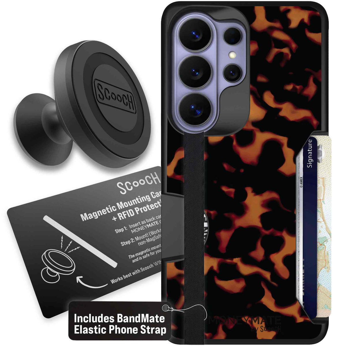 Tortoise Shell amber brown and black mottled pattern on a Scooch Moneymate case for Galaxy S26 Ultra - Starter Bundle