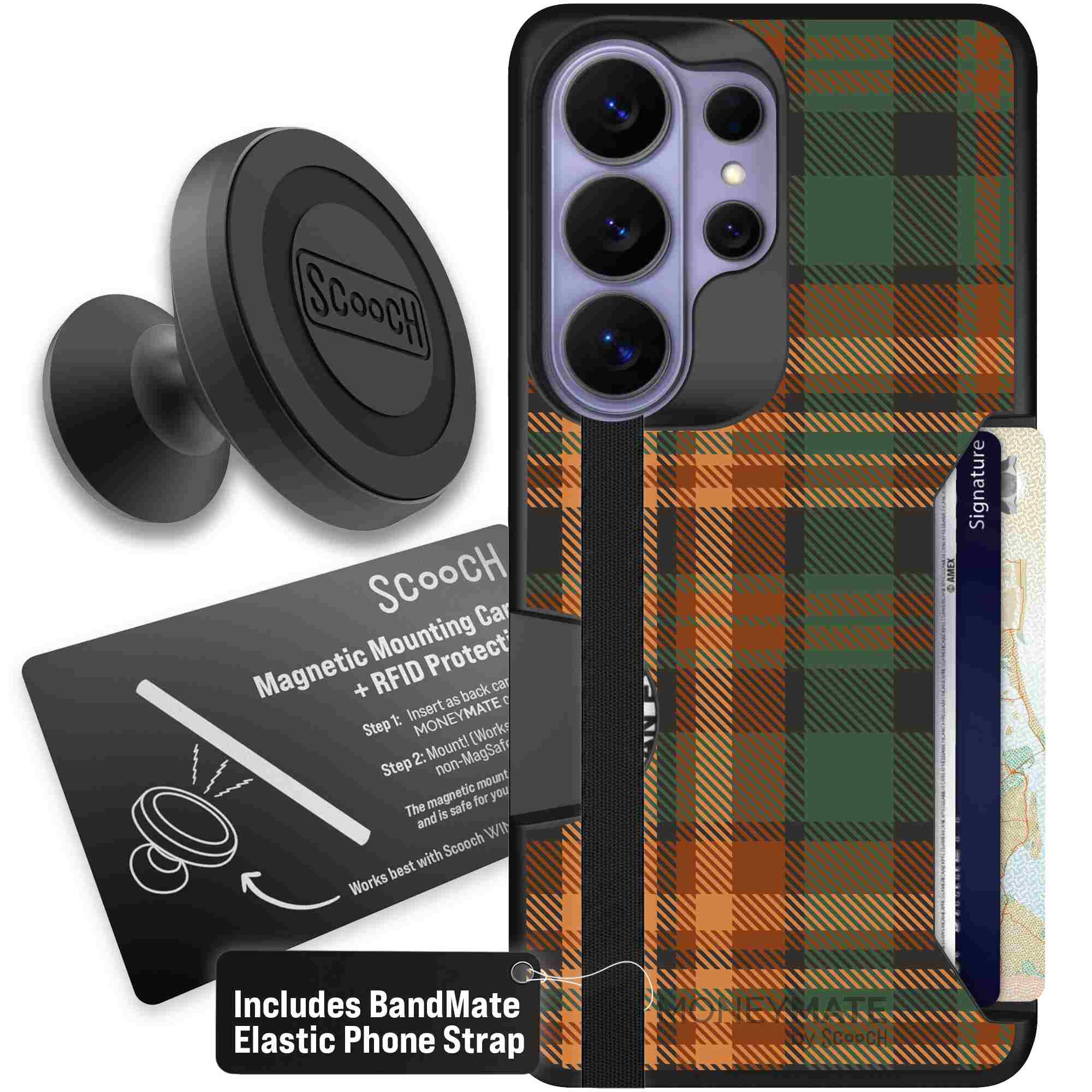 Fall Flannel orange and brown plaid pattern on a Scooch Moneymate case for Galaxy S26 Ultra - Starter Bundle