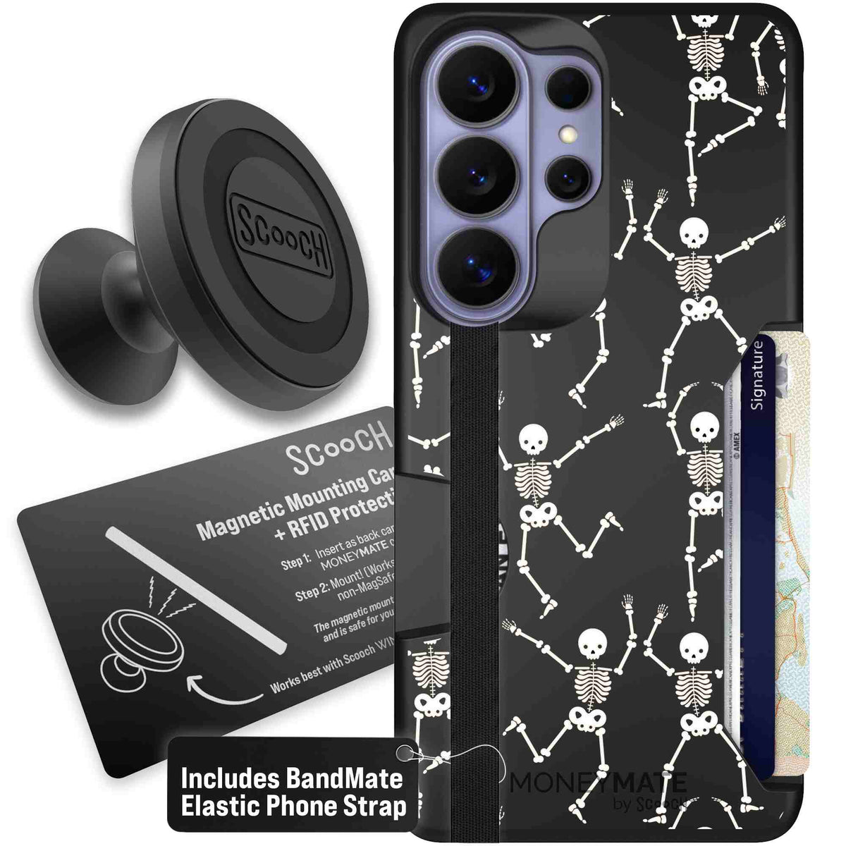 Swinging Skeletons white dancing skeleton pattern on a black Scooch Moneymate case for Galaxy S26 Ultra - Starter Bundle