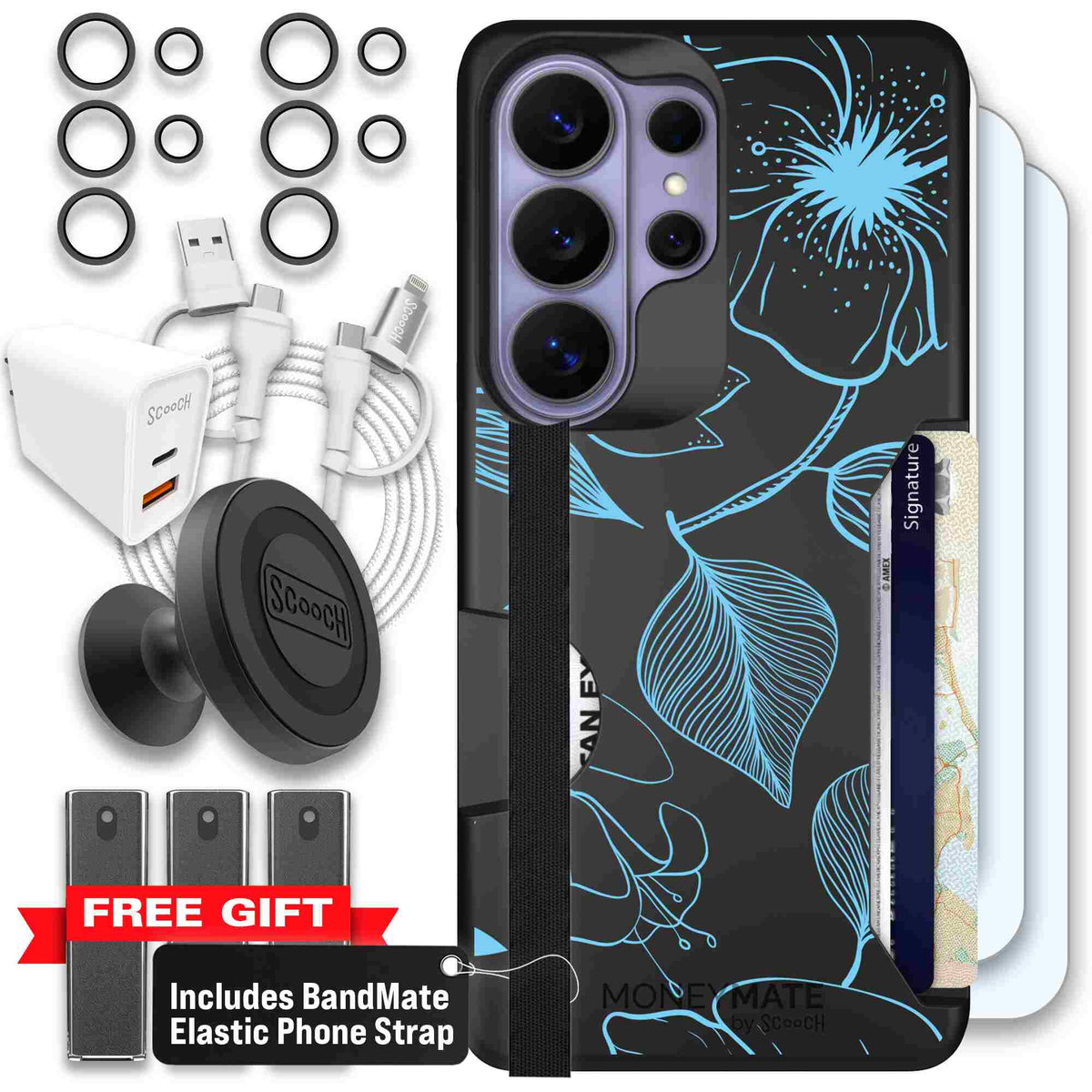 Blue Hibiscus cyan-blue tropical flower pattern on a charcoal Scooch Moneymate case for Galaxy S26 Ultra - Ultimate Bundle