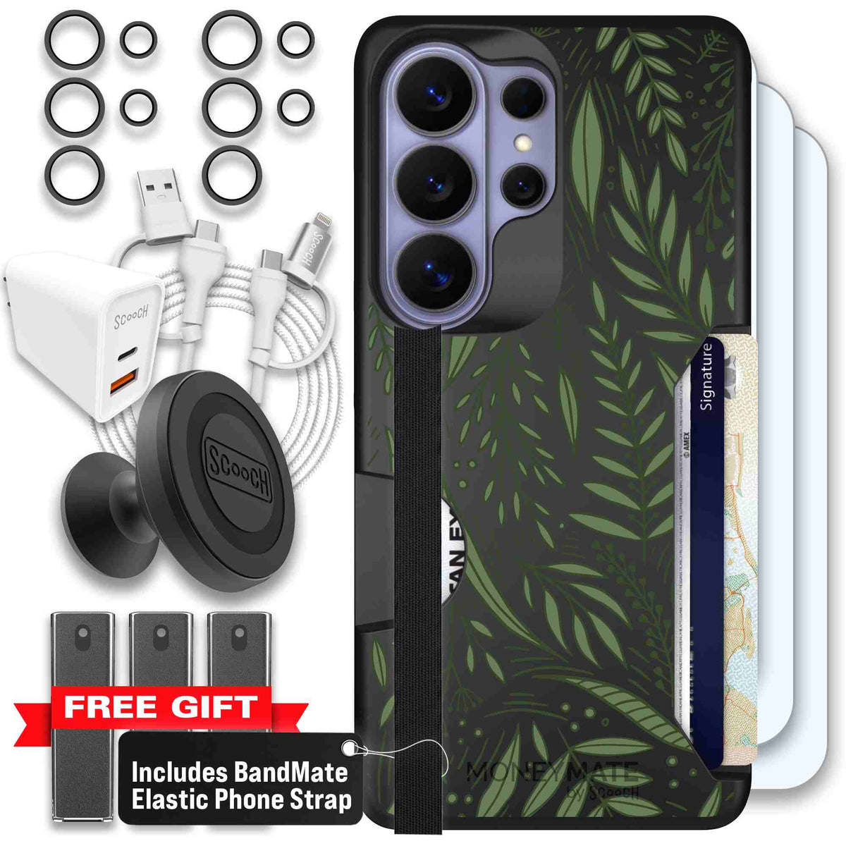 Willow Garden layered green leaves and branches on a charcoal Scooch Moneymate case for Galaxy S26 Ultra - Ultimate Bundle