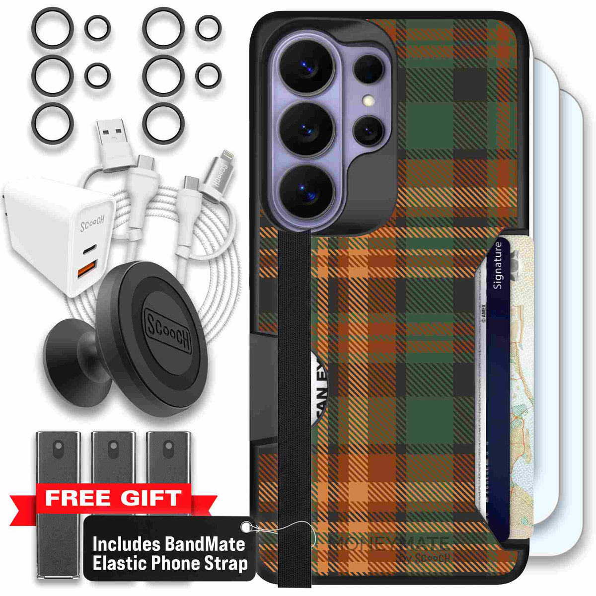 Fall Flannel orange and brown plaid pattern on a Scooch Moneymate case for Galaxy S26 Ultra - Ultimate Bundle