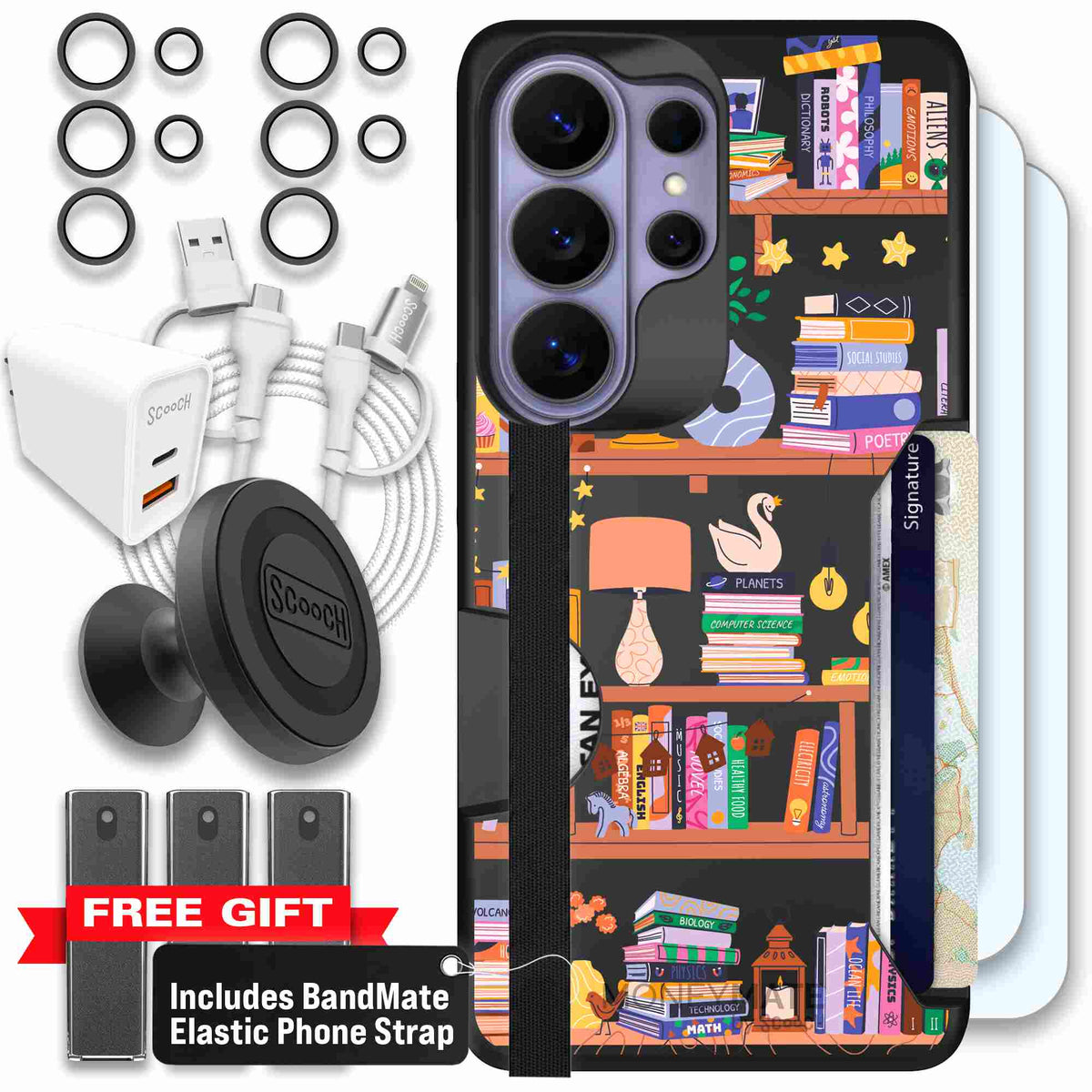 Little Library colorful book and bookshelf pattern on a Scooch Moneymate case for Galaxy S26 Ultra - Ultimate Bundle