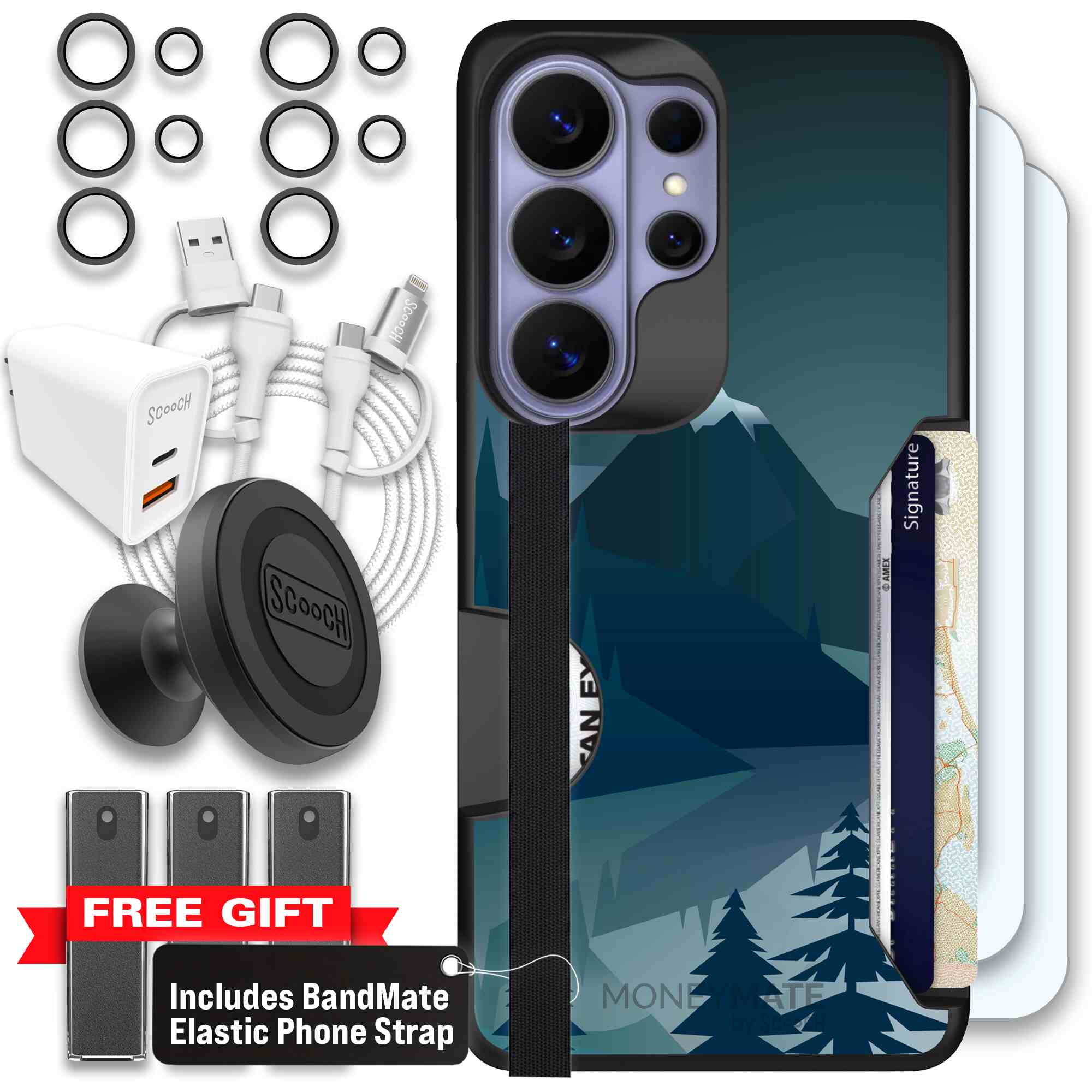 Midnight Ridge layered blue mountains and evergreen trees on a Scooch Moneymate case for Galaxy S26 Ultra - Ultimate Bundle