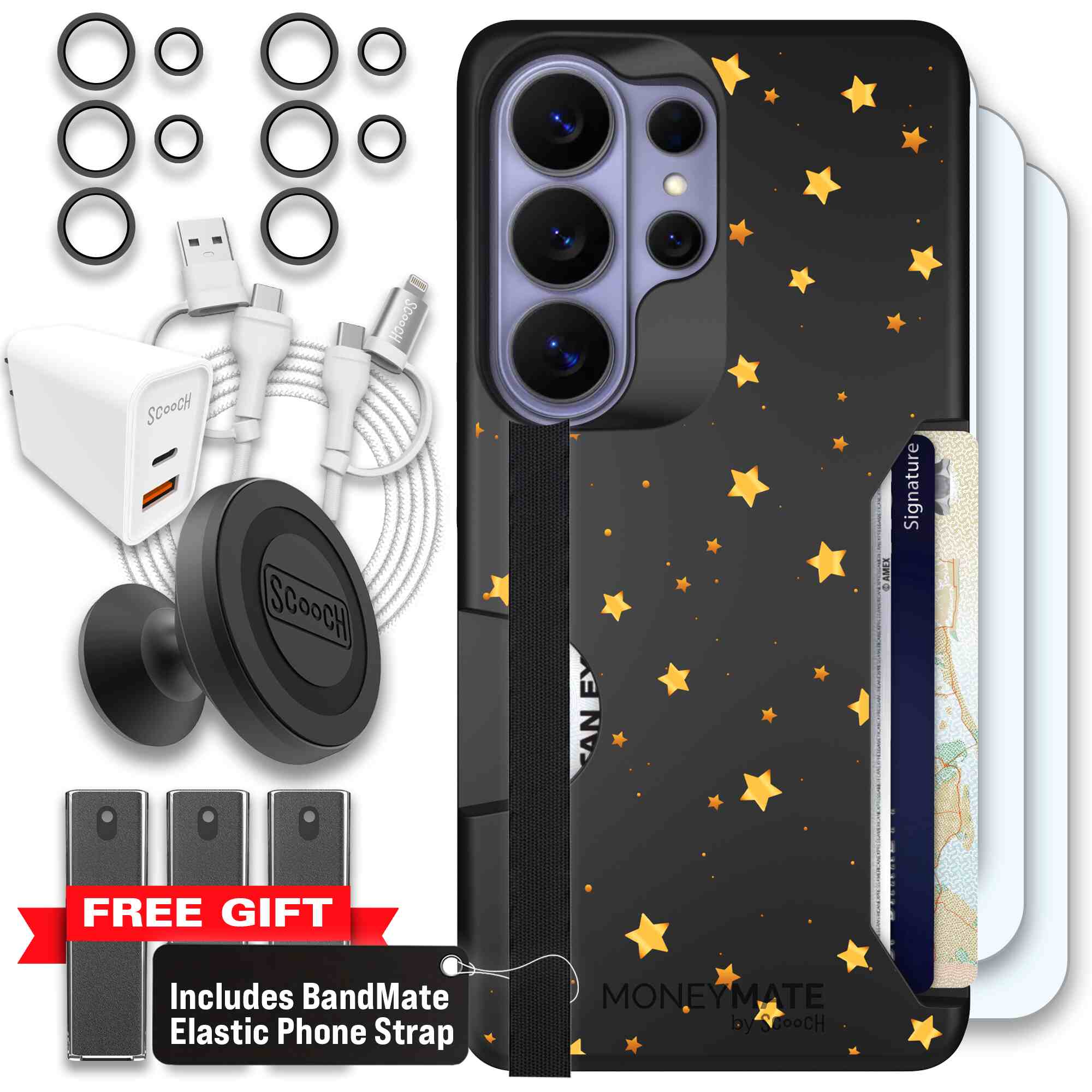 Gold Stars yellow and gold star pattern on a charcoal Scooch Moneymate case for Galaxy S26 Ultra - Ultimate Bundle