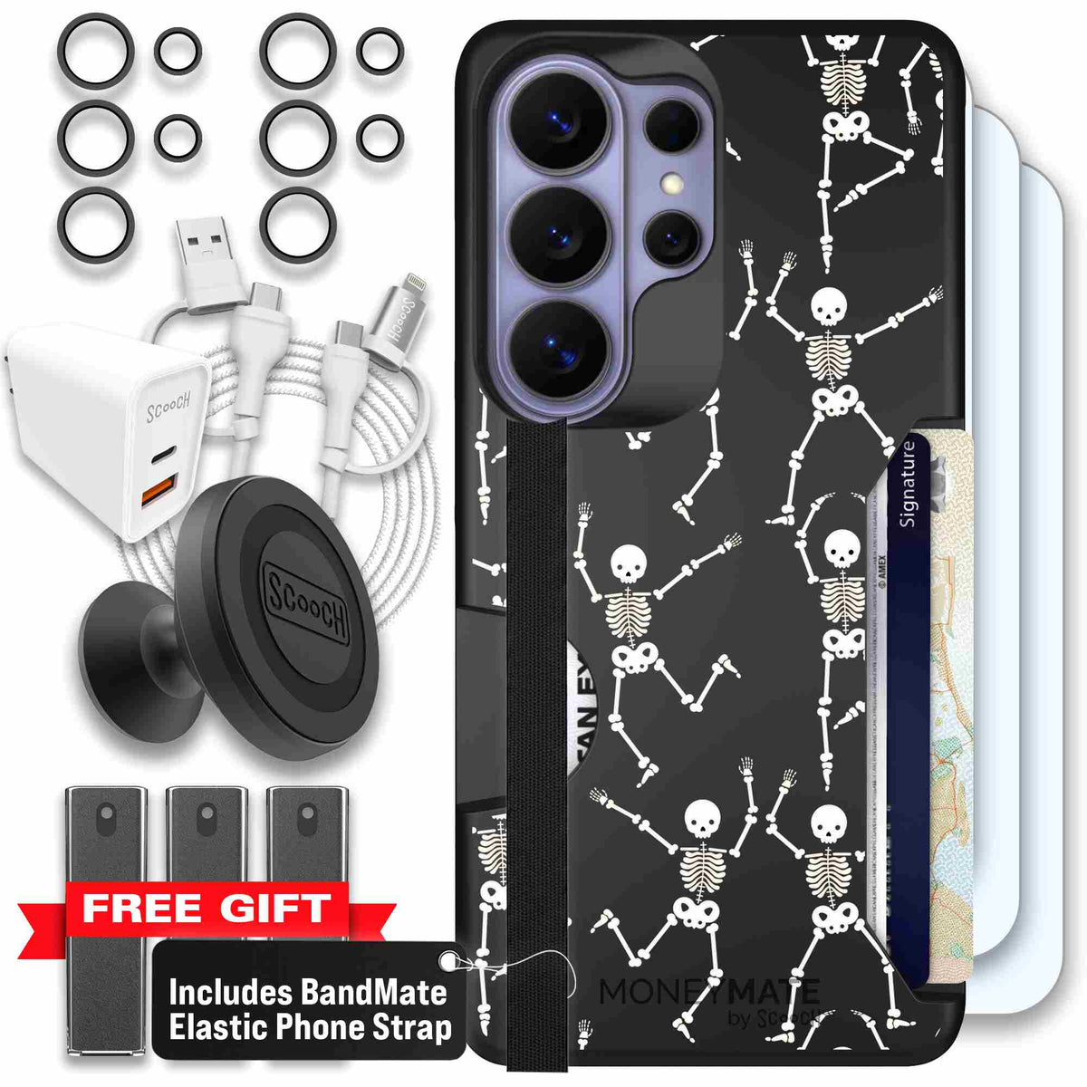 Swinging Skeletons white dancing skeleton pattern on a black Scooch Moneymate case for Galaxy S26 Ultra - Ultimate Bundle