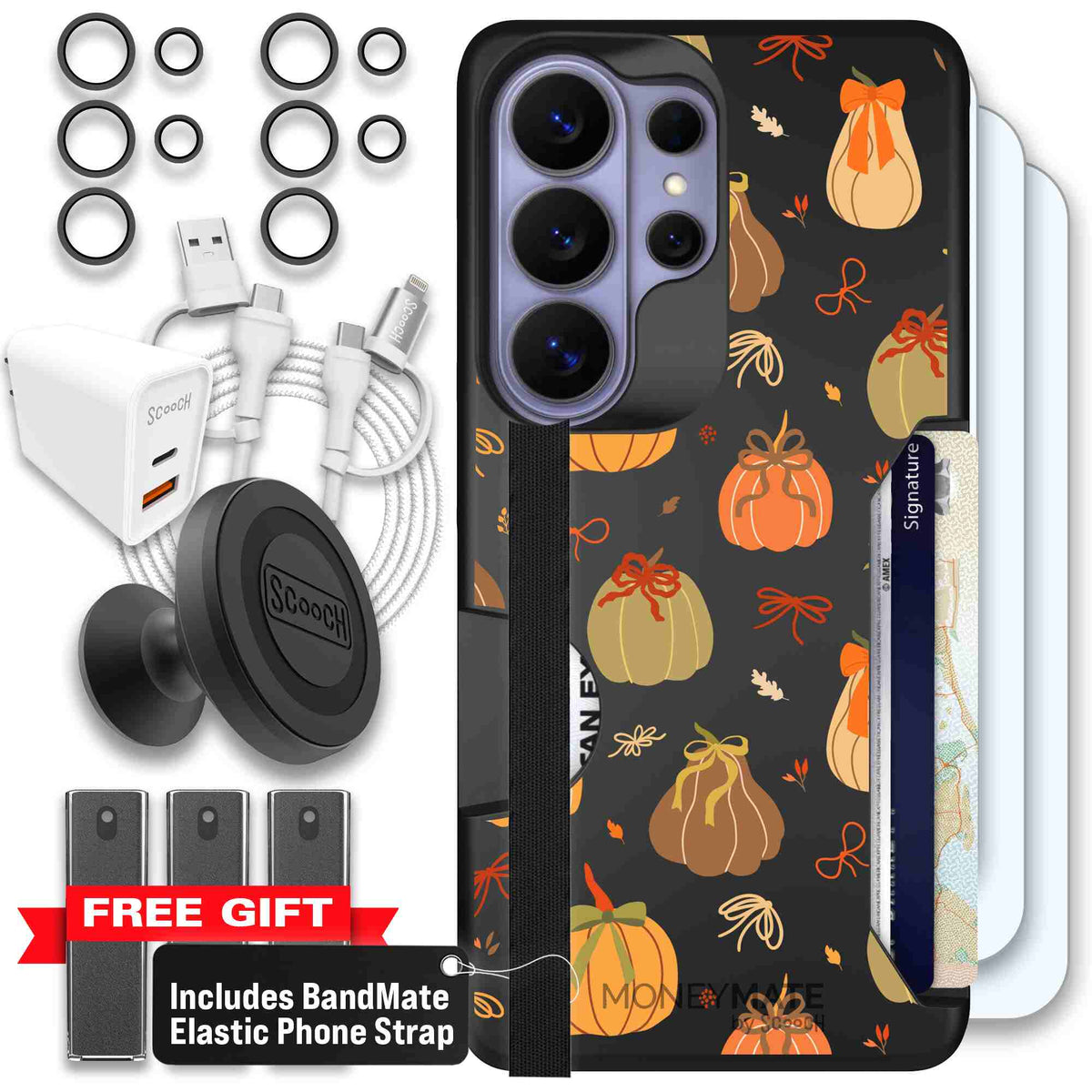 Pretty Pumpkins orange pumpkin and bow pattern on a Scooch Moneymate case for Galaxy S26 Ultra - Ultimate Bundle