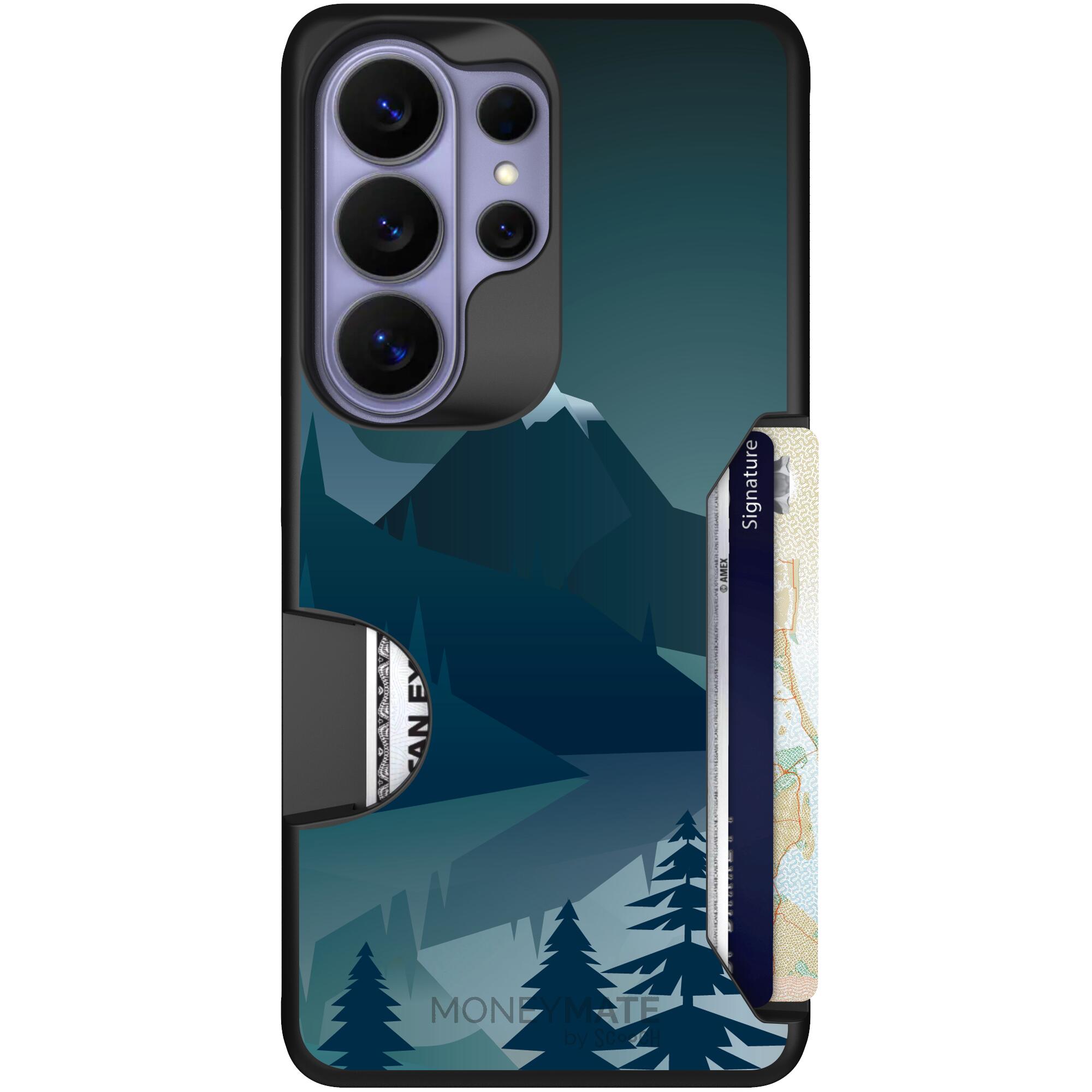 Midnight Ridge layered blue mountains and evergreen trees on a Scooch Moneymate case for Galaxy S26 Ultra