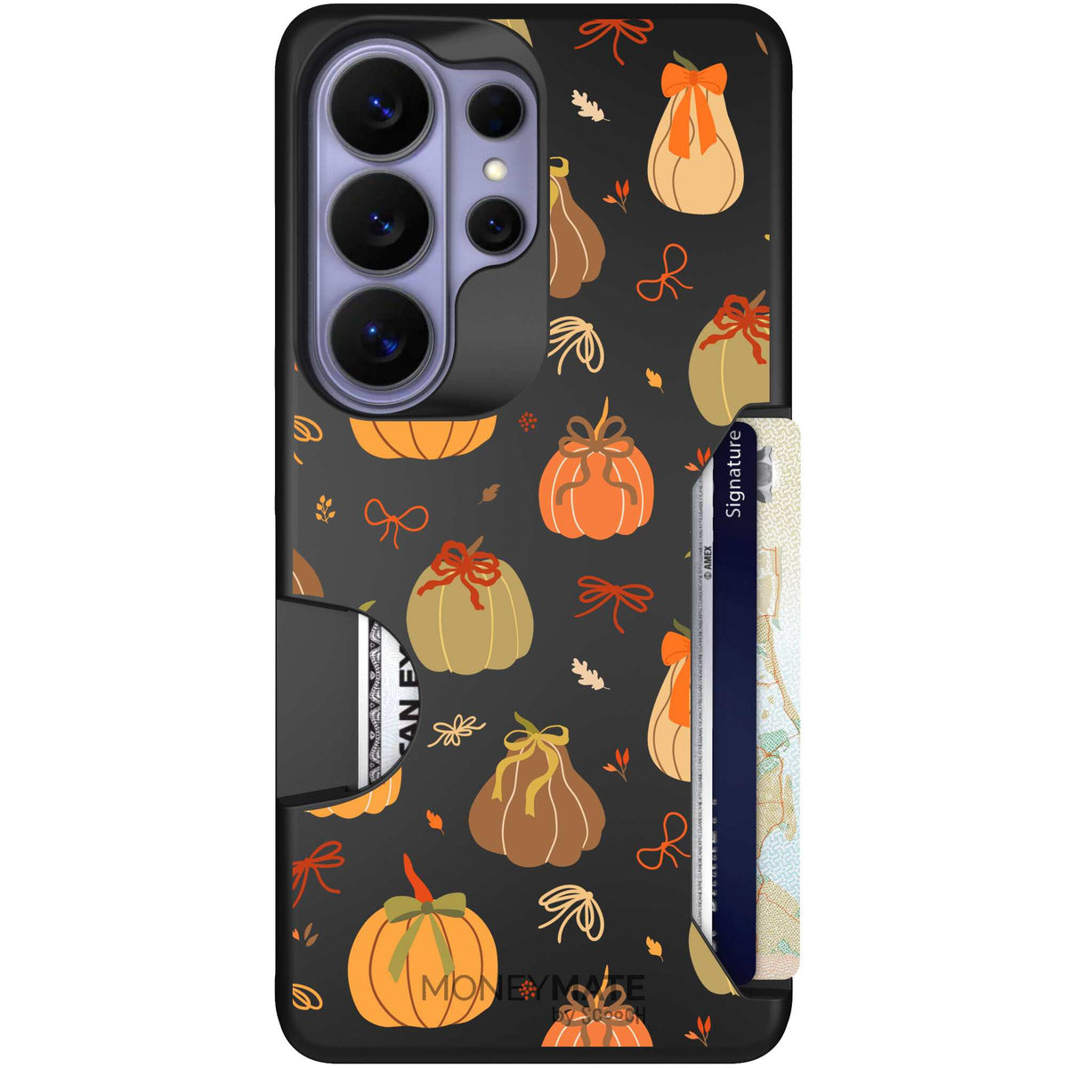 Pretty Pumpkins orange pumpkin and bow pattern on a Scooch Moneymate case for Galaxy S26 Ultra