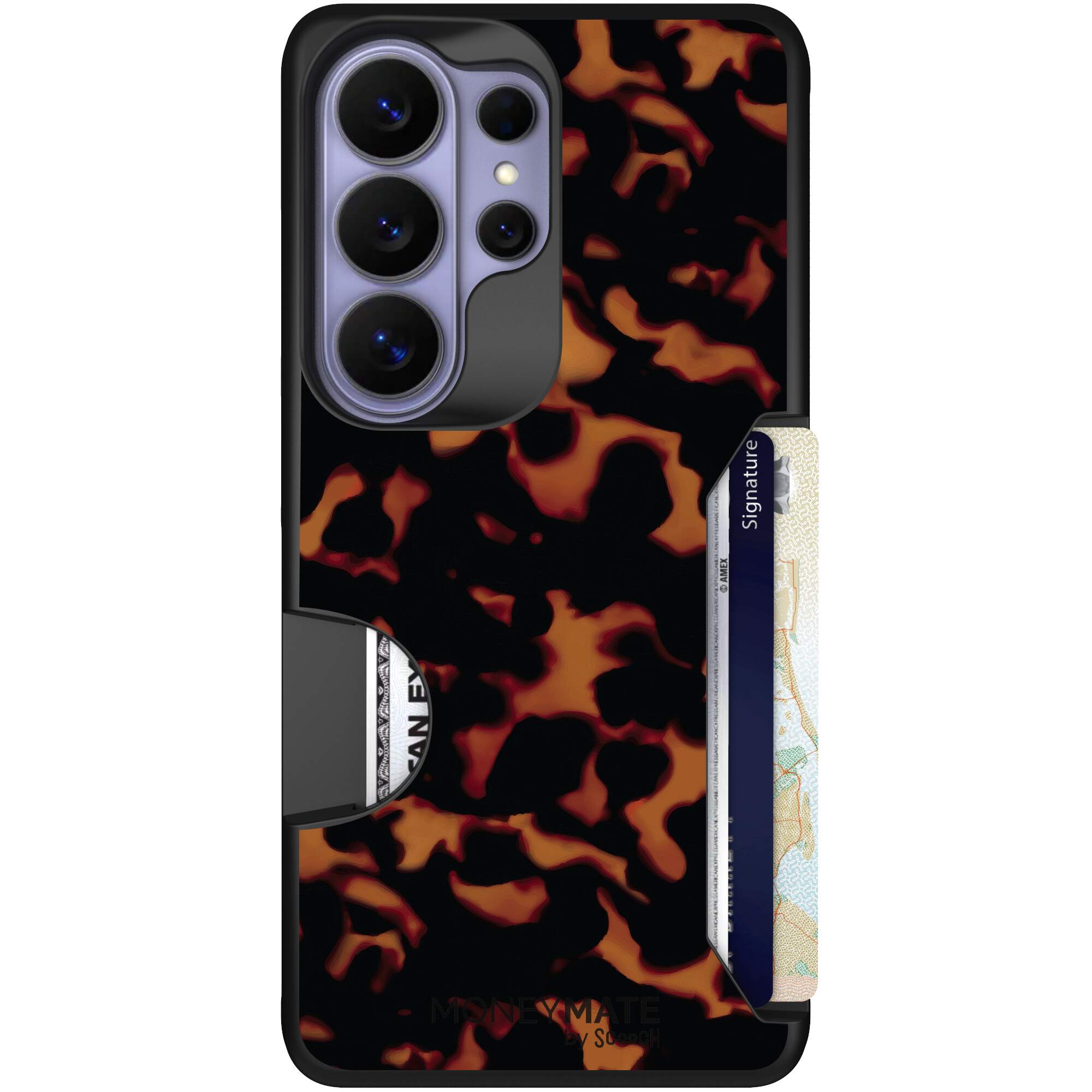 Tortoise Shell amber brown and black mottled pattern on a Scooch Moneymate case for Galaxy S26 Ultra