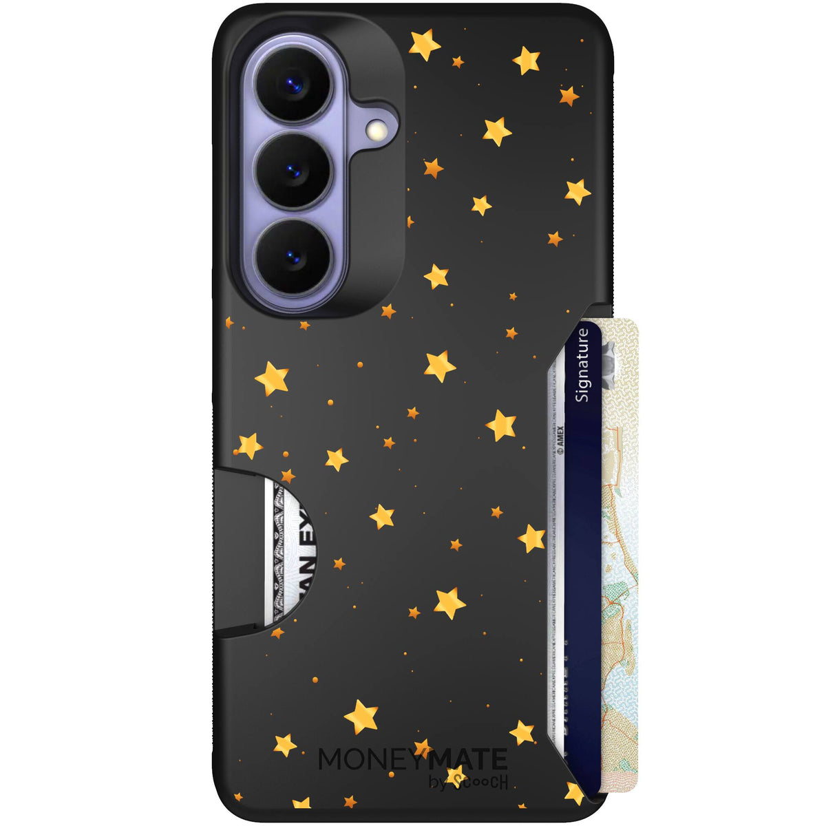 Gold Stars yellow and gold star pattern on a charcoal Scooch Moneymate case for Galaxy S26
