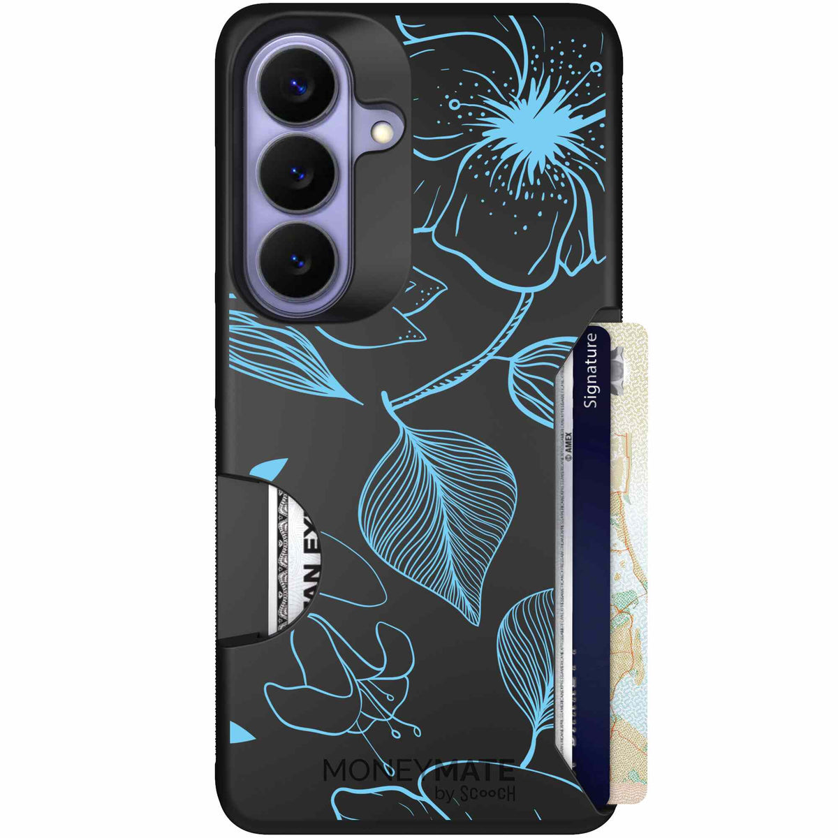 Blue Hibiscus cyan-blue tropical flower pattern on a charcoal Scooch Moneymate case for Galaxy S26