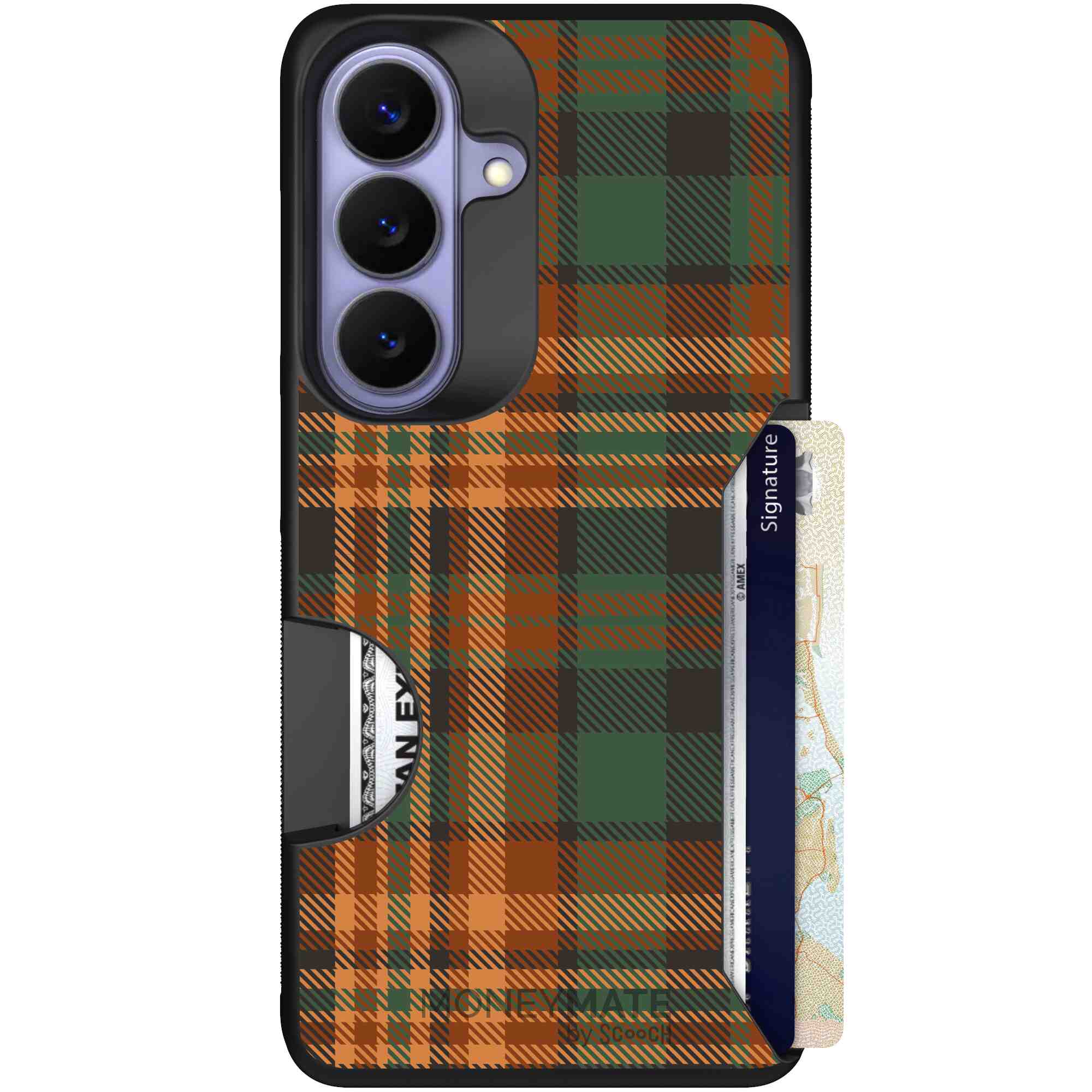 Fall Flannel orange and brown plaid pattern on a Scooch Moneymate case for Galaxy S26