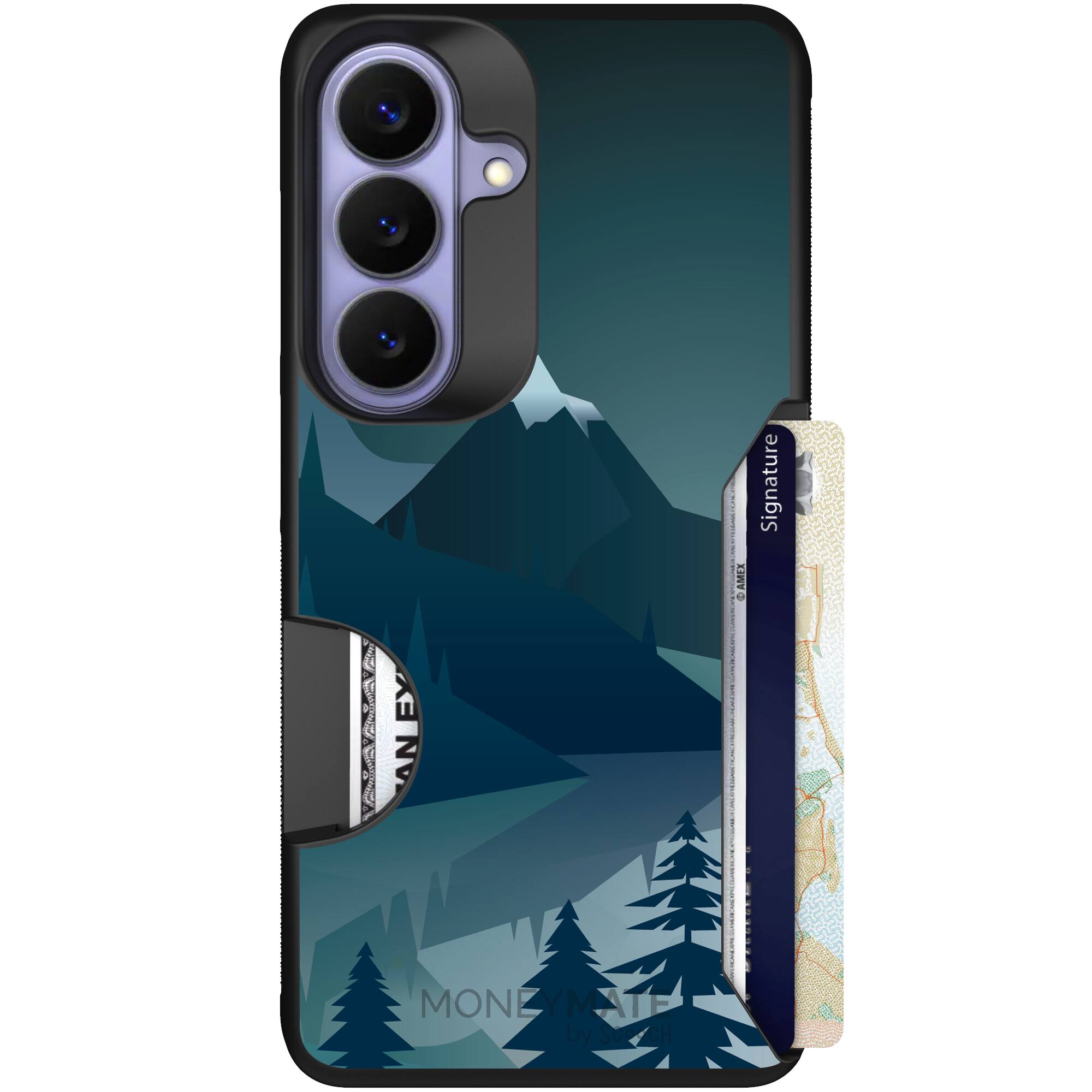 Midnight Ridge layered blue mountains and evergreen trees on a Scooch Moneymate case for Galaxy S26