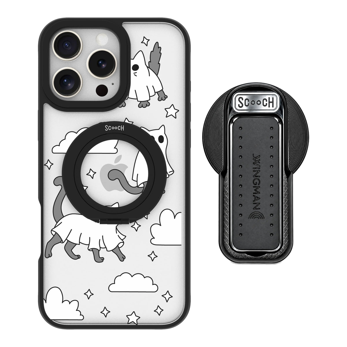 Scooch MagCase Scaredy Cats magsafe wingback bundle - black featuring the original Scaredy Cats print