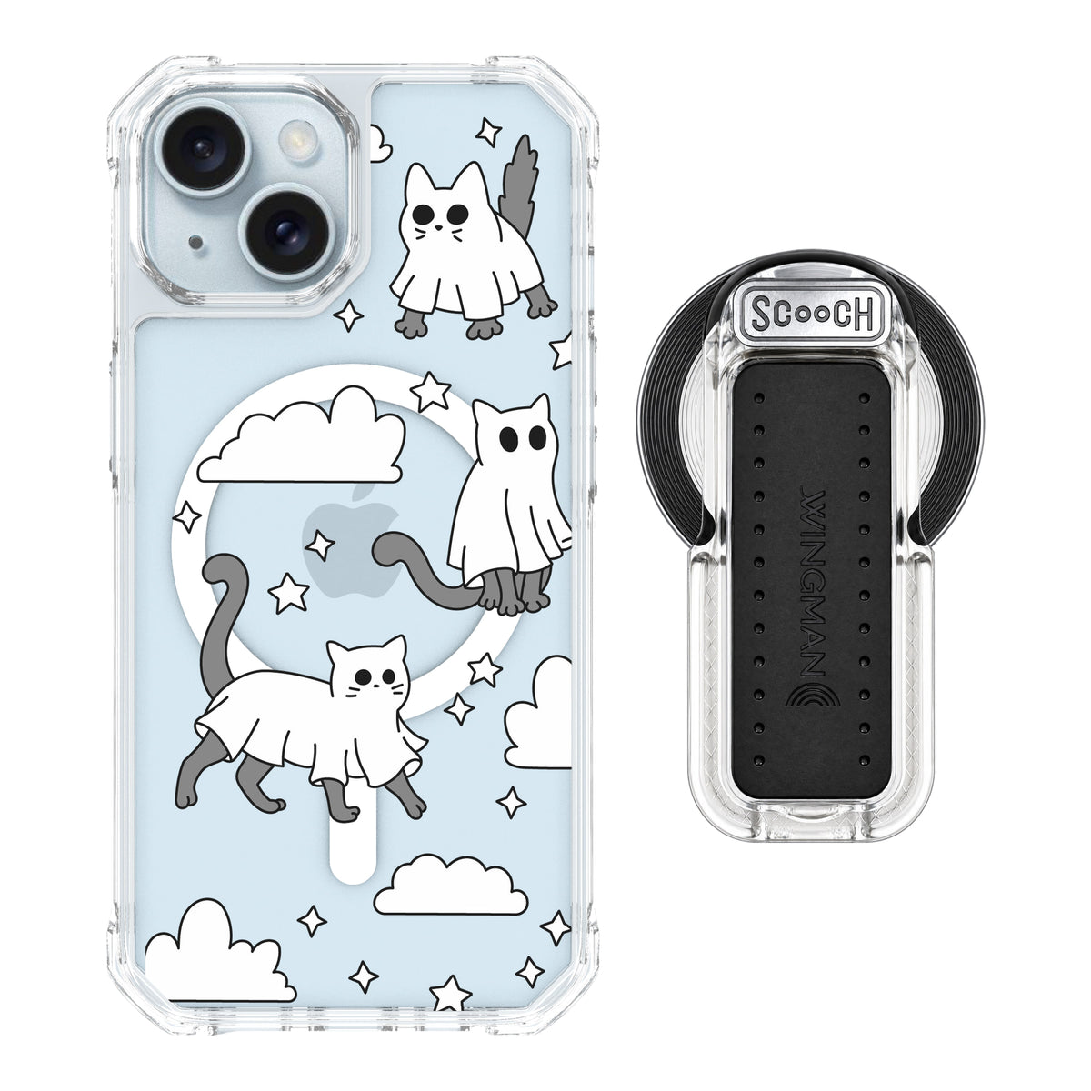 Scooch MagCase Scaredy Cats magsafe wingback bundle - clear featuring the original Scaredy Cats print