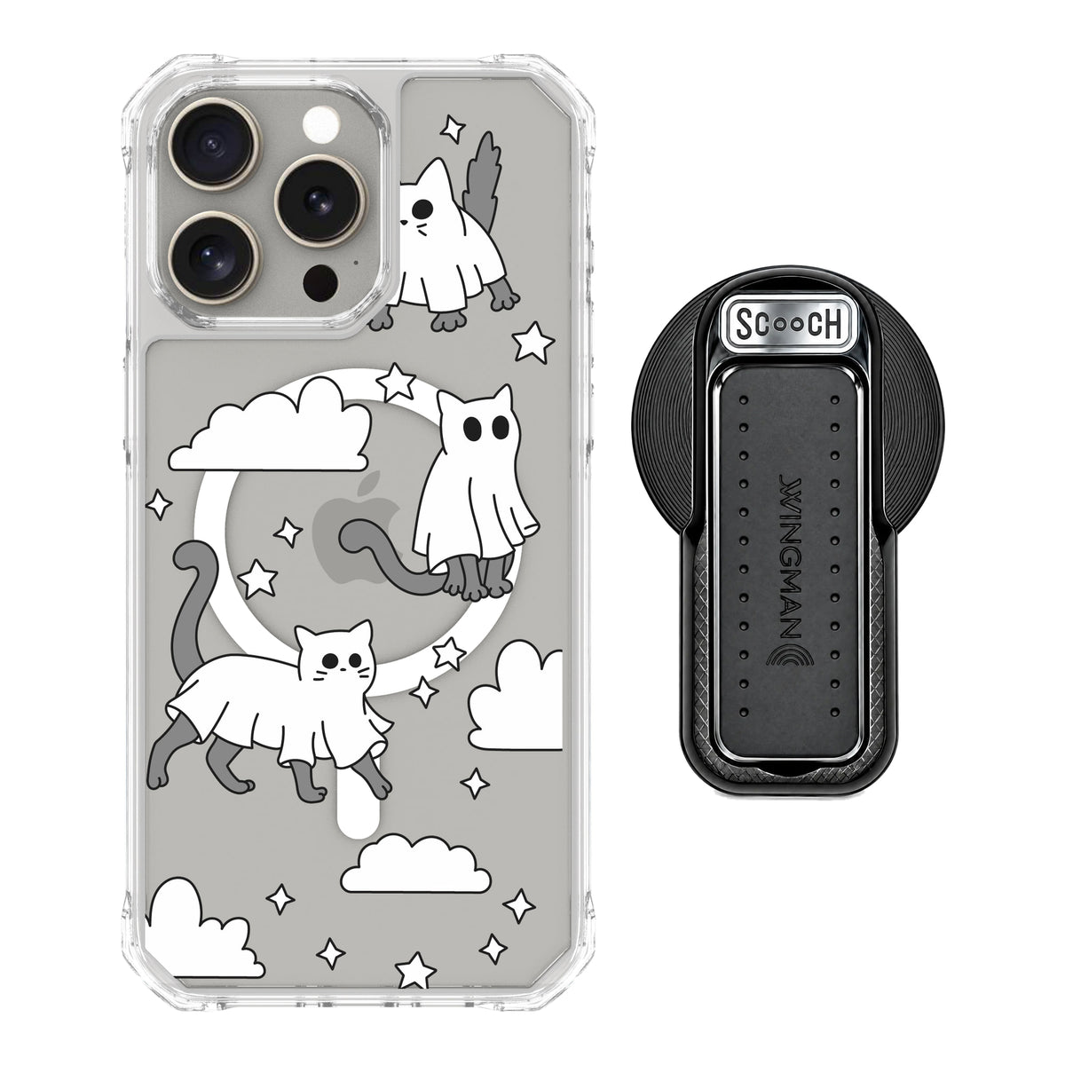 Scooch MagCase Scaredy Cats magsafe wingback bundle - black featuring the original Scaredy Cats print