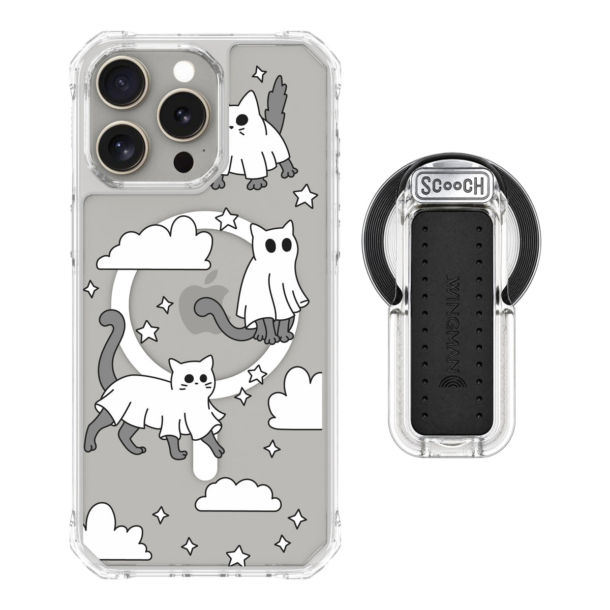 Scooch MagCase Scaredy Cats magsafe wingback bundle - clear featuring the original Scaredy Cats print