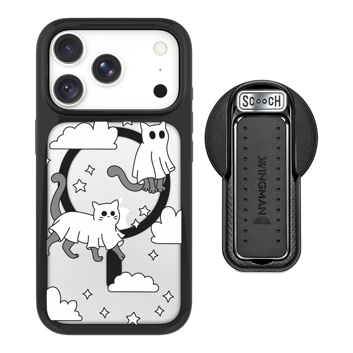 Scooch MagCase Scaredy Cats magsafe wingback bundle - black featuring the original Scaredy Cats print