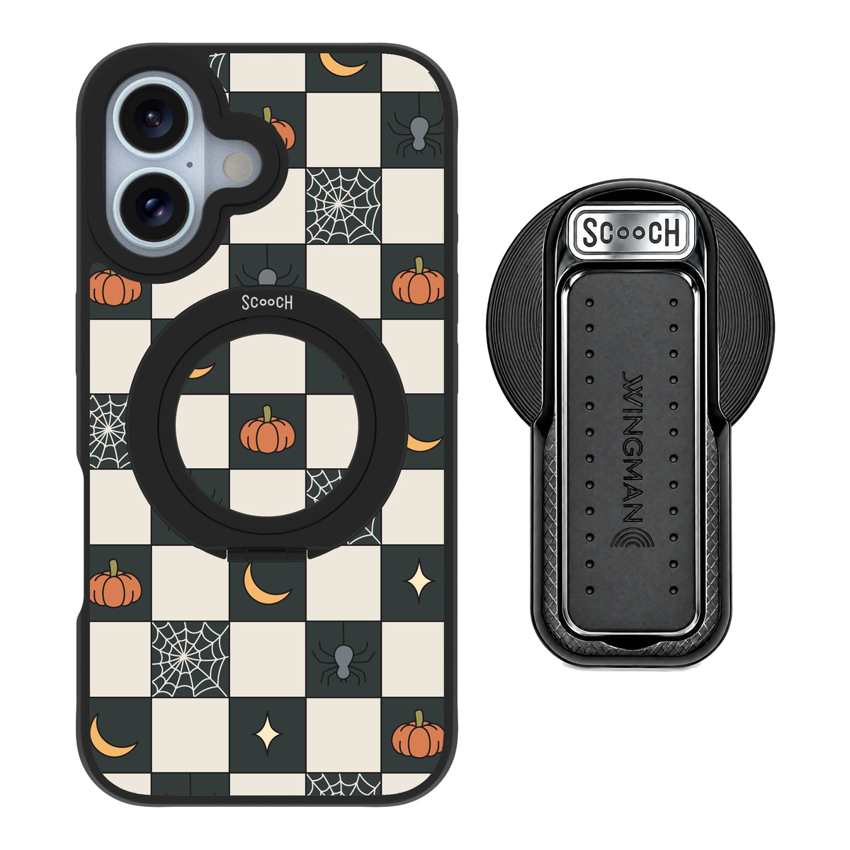 Scooch MagCase Spooky Squares magsafe wingback bundle - black featuring the original Spooky Squares print