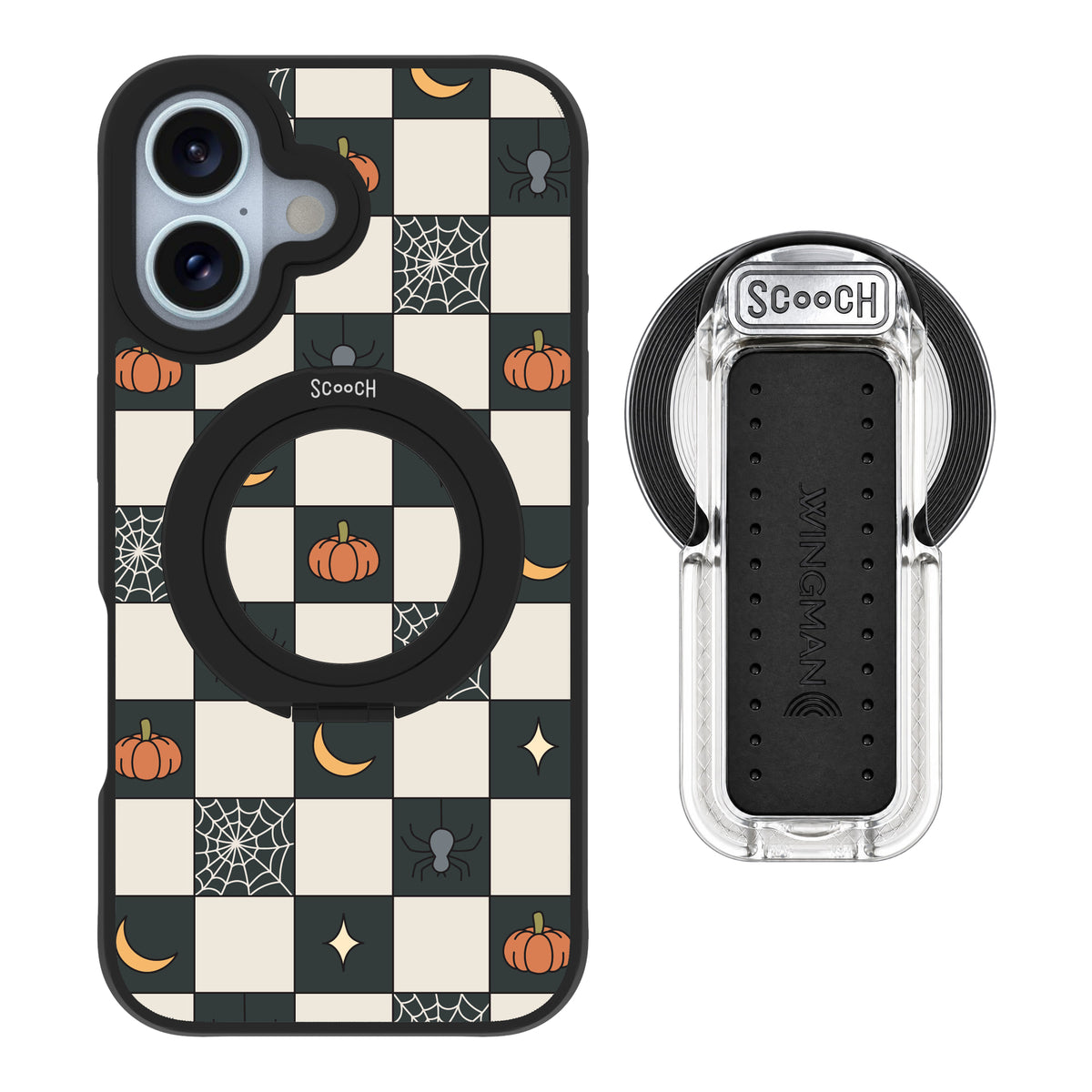 Scooch MagCase Spooky Squares magsafe wingback bundle - clear featuring the original Spooky Squares print