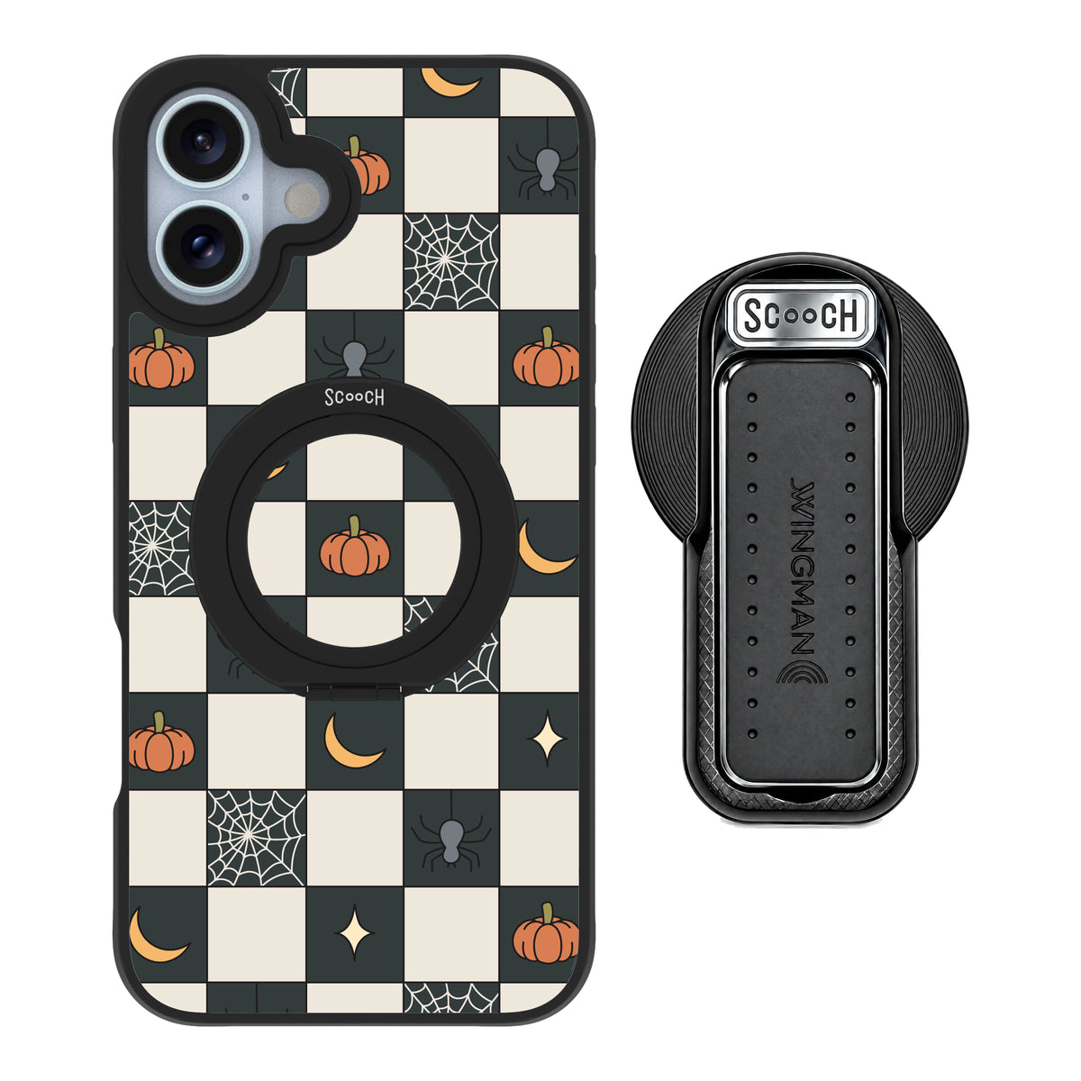 Scooch MagCase Spooky Squares magsafe wingback bundle - black featuring the original Spooky Squares print