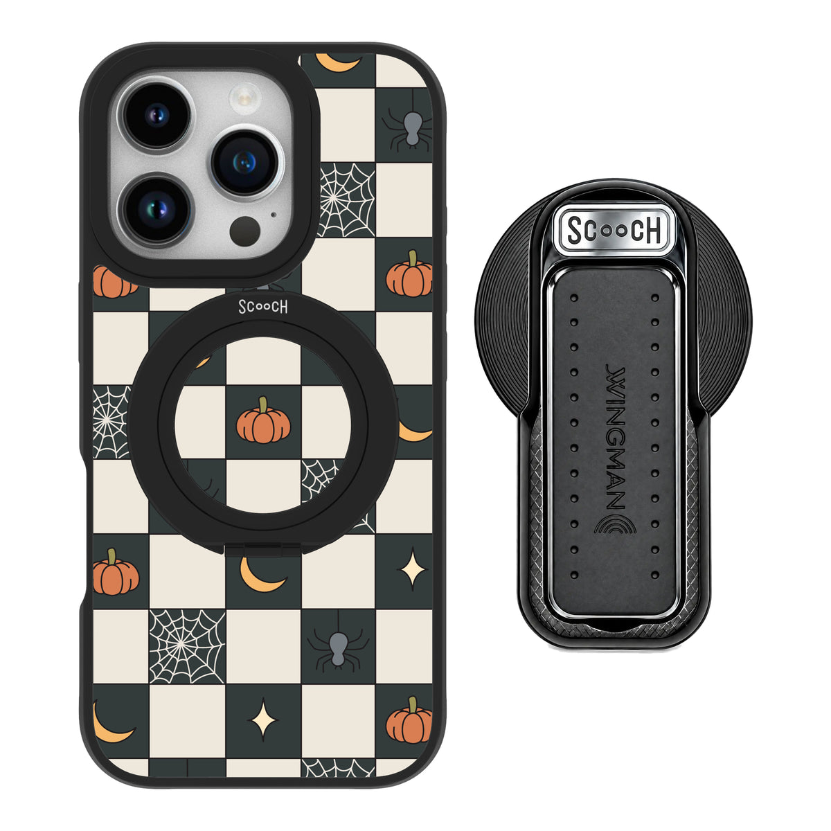 Scooch MagCase Spooky Squares magsafe wingback bundle - black featuring the original Spooky Squares print