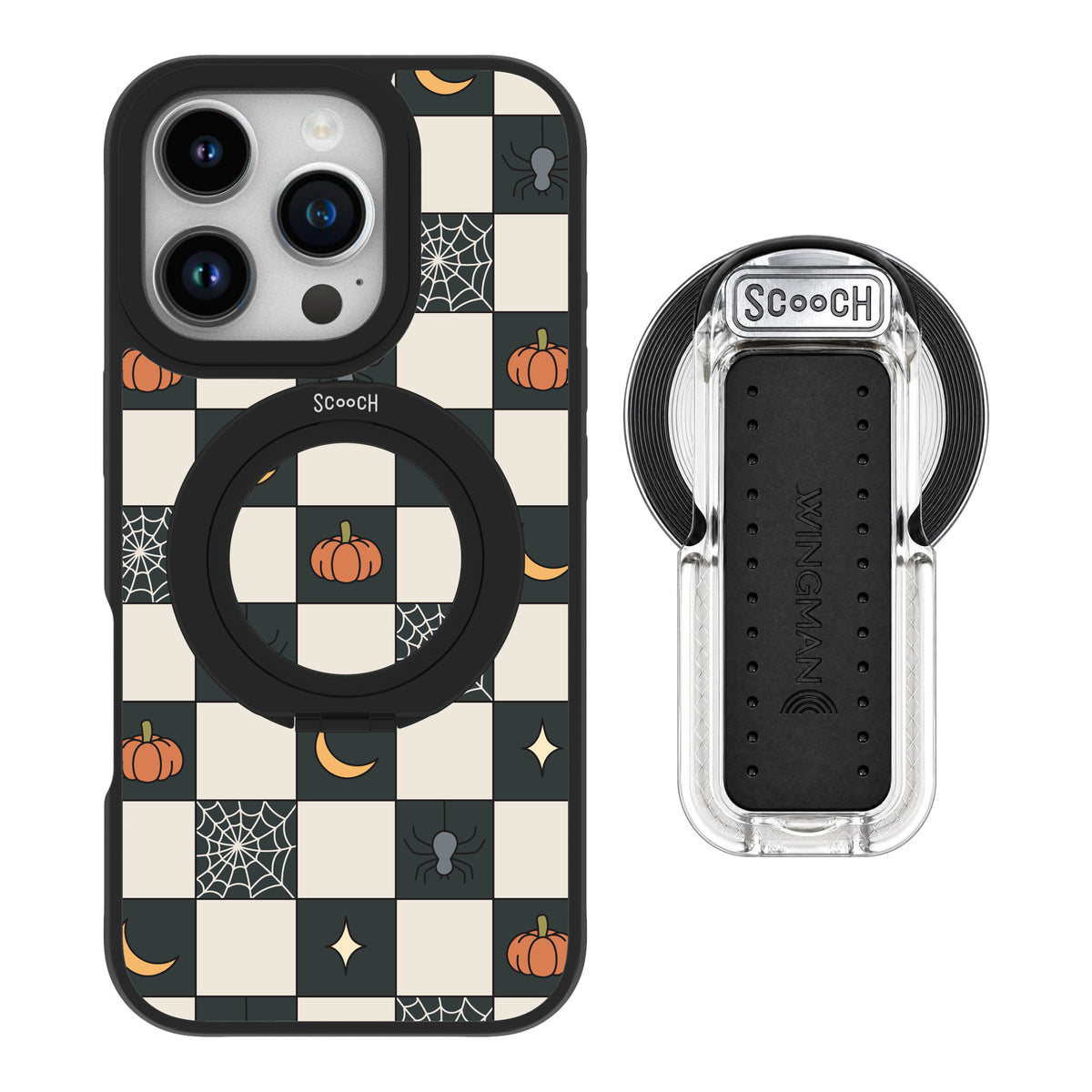 Scooch MagCase Spooky Squares magsafe wingback bundle - clear featuring the original Spooky Squares print