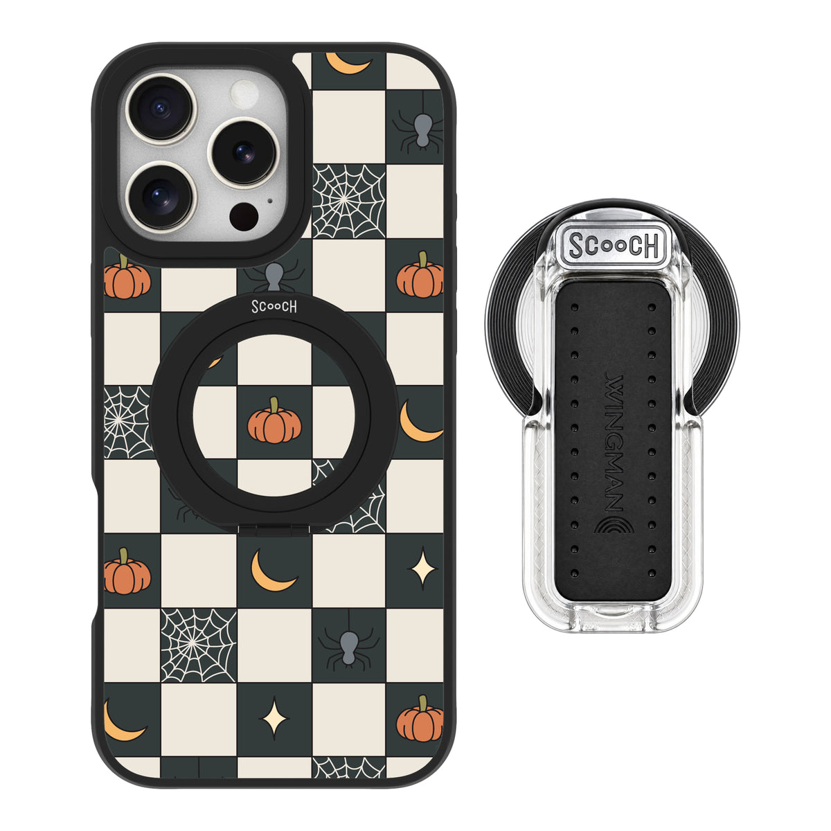 Scooch MagCase Spooky Squares magsafe wingback bundle - clear featuring the original Spooky Squares print