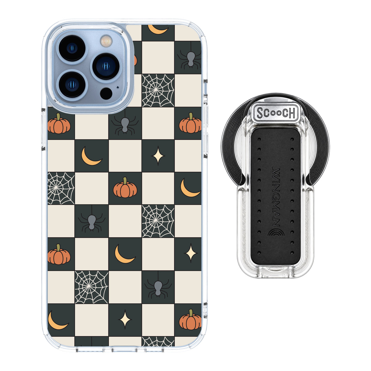 Scooch MagCase Spooky Squares magsafe wingback bundle - clear featuring the original Spooky Squares print