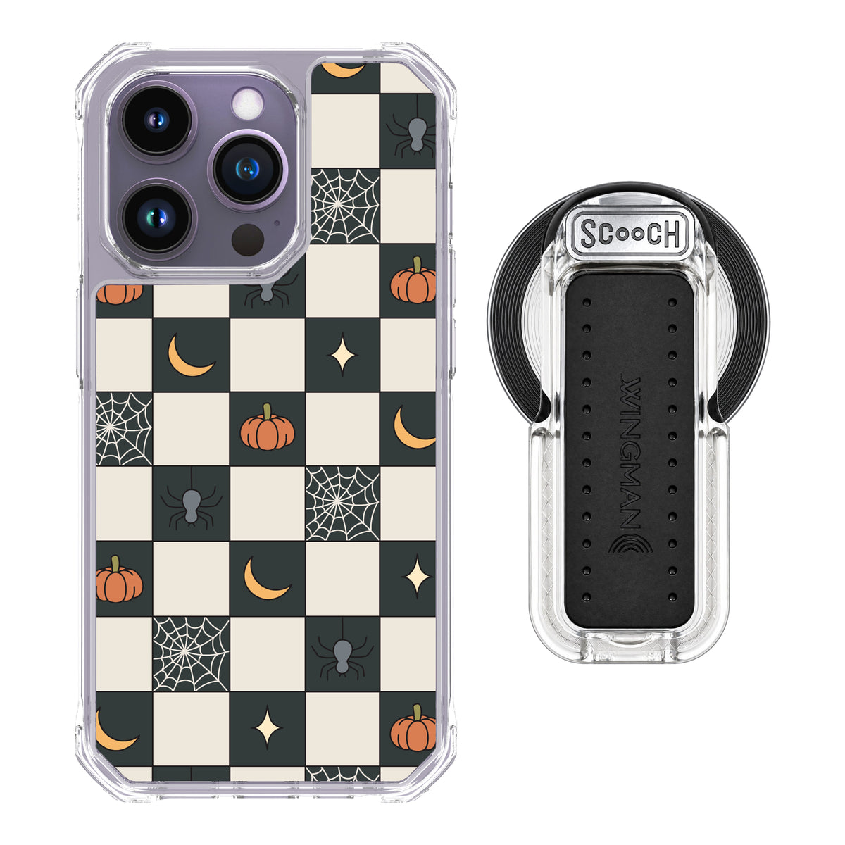 Scooch MagCase Spooky Squares magsafe wingback bundle - clear featuring the original Spooky Squares print