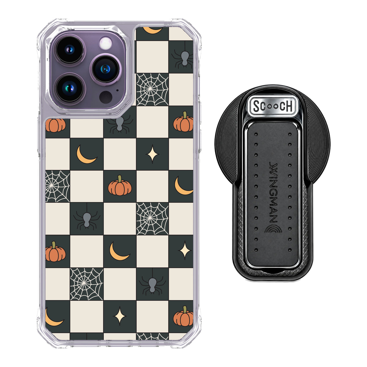 Scooch MagCase Spooky Squares magsafe wingback bundle - black featuring the original Spooky Squares print